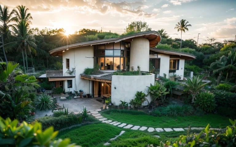 A photograph of a symmetrical contemporary house with (((green roof))) and (((biological pool))) in a tropical backyard, white plaster walls (((rustic clay stucco))), ((corner walls rounded)), ((rustic clay plaster)), (((white walls with rounded corners, organic curves))), (((rustic earth plaster, mud))), (((wave-shaped green roof with wooden edge))), (((wooden roof structure, wooden rake, wooden fascia board))), eaves, porch with wooden pillar, ((roof with wooden structure)), In Bali (((Tropical garden))) , ((natural houses, organic buildings, organic architecture)), Ecovillage, sustainable architecture, Bioconstruction, solarpunk architecture, (((grass roof, green roof, green wave roof, rounded roof, vegetated roofs))), ( (green architecture)), Passive house, (((Rock Foundation))), Clear sky in the background, painful beauty, modern, imposing, green house, ((Bali Hadid Style)), super resolution, cinematic, color grading , editorial photography, photography, photo shoot, (((dramatic front eye top angle view))), O 50mm, depth of field, intricate details, natural colors, sharp focus, warm light, shutter speed 1/1000 , F/22 , White Balance, Ray Trace Reflections, Lumen Reflections, Screen Space Reflections, Diffraction Rating, Chromatic Aberration, GB Shift, Partial Lighting, Backlighting, Daylighting, Scan Lines, ambient occlusion, antialiasing, shaders, OpenGL-Shaders, GLSL-Shaders, Post-processing, post-production, shading, tone mapping, incredibly detailed and complex, hypermaximalist, elegant, hyperrealistic, super detailed, dynamic pose, Fujifilm XT3