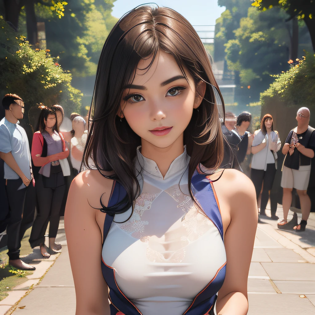 (Extremely detailed 8k wallpaper:2), (photo:2), (soigne Beautiful girl:2), (gives a lecture to friends:2), detailed (Face and eyes), (hyper realistic:1), (highly detailed:1), (epic realistic:1), rim light, (maximum details:1), cozy, (fullbody:1.3), (looking at viewer:2.0), (Woman's Attractive Qualities:2), (Attractive Woman:2), (Attractive:2), Smile, Intelligence, Empathy, Gracefulness, Sense of Style, Fitness, Grooming, Optimism, (Sensitivity:2), Sincerity, Romantic Gestures, Playfulness, Fashion Sense, (Sensuality:2), Charm, Modesty, Thoughtfulness, (Femininity:1), Flirtatiousness, Warmth, (Physical attractiveness:2), A beautiful smile, A love of life, strength and power, vulnerability, curiosity, wonder, love, (nature background:2), kawaii, waifu, Beautiful breasts, (attractive body:2), (Beautiful body:2), Beautiful pose, attractive pose, (Beautiful legs:1.0), (spread legs:1.0), (Beautiful clothes:1), (classic clothes:2), (elegant clothes:2), (European clothes:2), detailed clothes, (skirt:1), (blouse:1), (provocative pose)