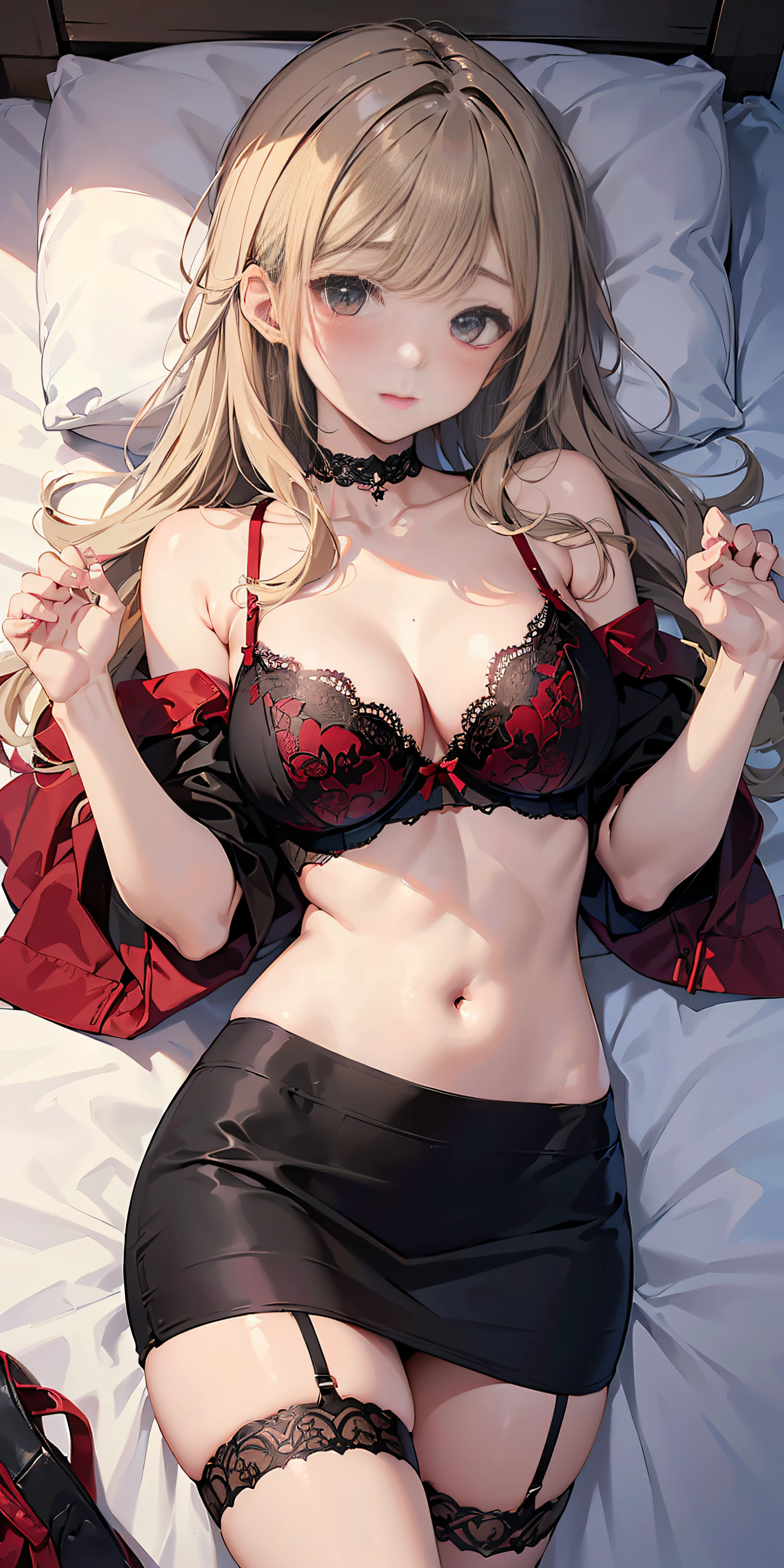 Adult Woman, Sexy Witch Cosplay, Long dark blonde wavy hair、off-shoulder knit, (Black Pencil Mini Skirt),、Medium milk, Blushing, Shy laughter, Bare shoulders、sexy hips、sexy black and red bra、((black and red lace panties))、red sexy pose、((embarassed expression))、(((On a gorgeous bed、Sleep in bed、Raise both hands)))