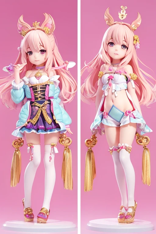 (Same character, front, side, back), (full body); 3d; cute; 3d toy art; anime style; glitter; horoscope sign Aries; Ram details; ♈ symbol;