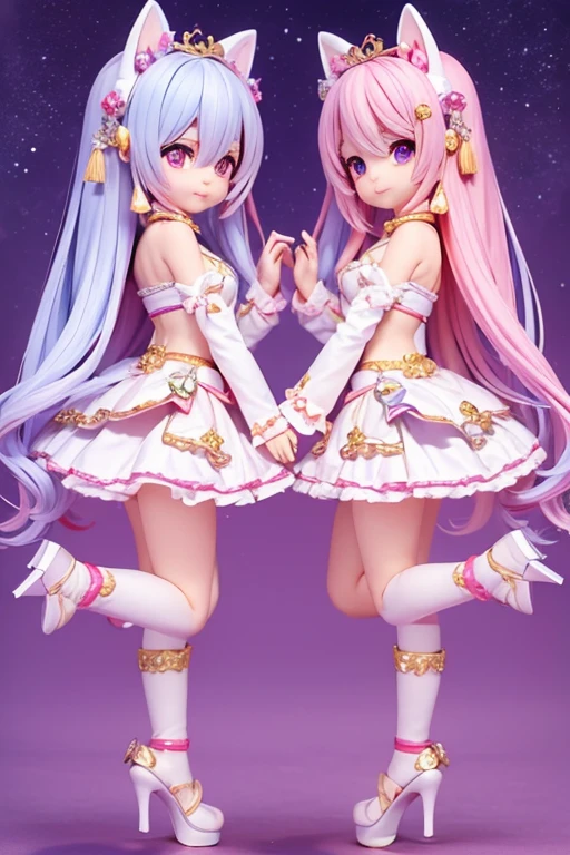 (Same character, front, side, back), (full body); 3d; cute; 3d toy art; toy art; anime style; glitter; horoscope sign Gemini ; color purple; Twins details; ♊ symbol; alexandrite stone;