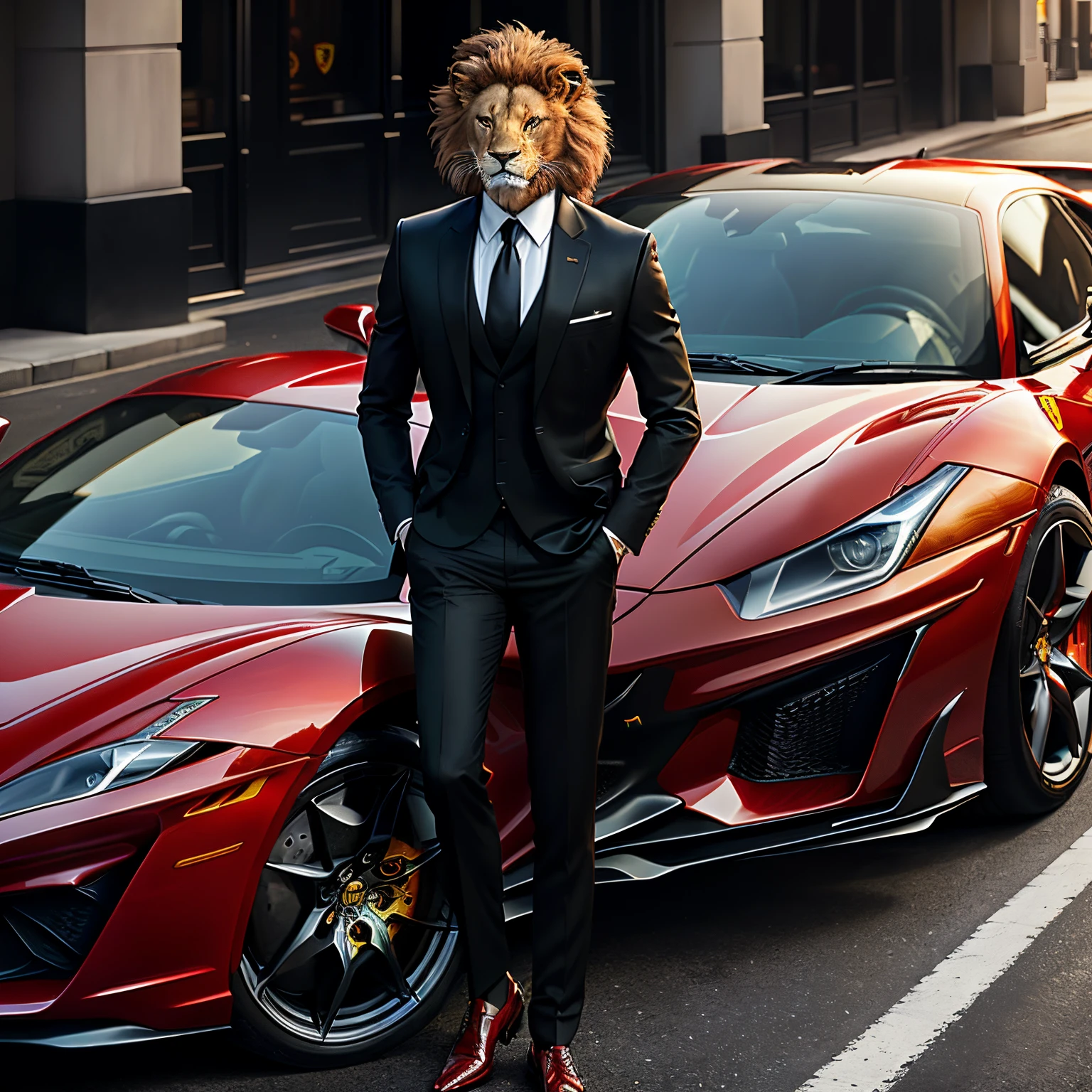Lion in a black suit in front of a red Ferrari holding a bag full of dollar bills money