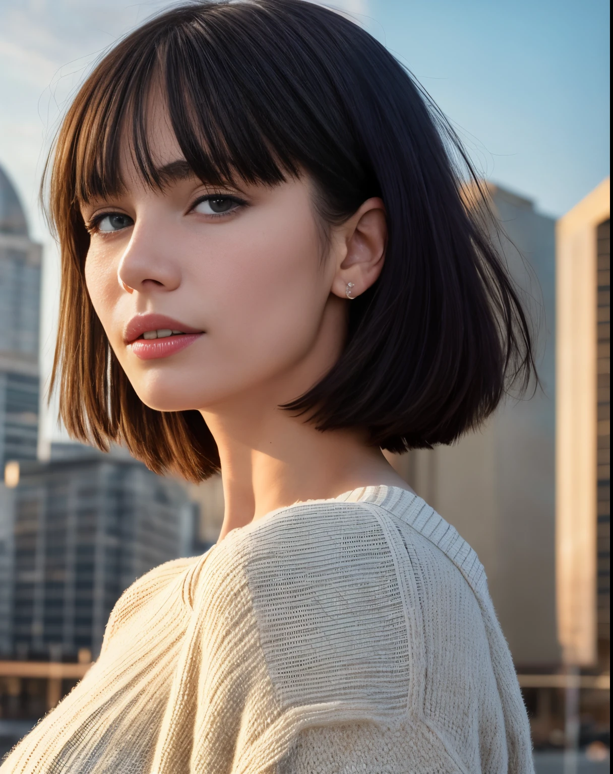 photo beauty，Best quality， realistically， 8K， A high resolution， 1 plump girl， sweetheart， （dents on the skin）， （sporty attire：0.6）， （（cityscapebackground：2）） ， （（Small round chest，high-necksweater：1.7））， Look directly at the viewer：1.8， （1 girl looks at the audience with her eyes：1.45， A ball head， black hair color hair， slanted bangs：1.45）， realistically， （bokeh），