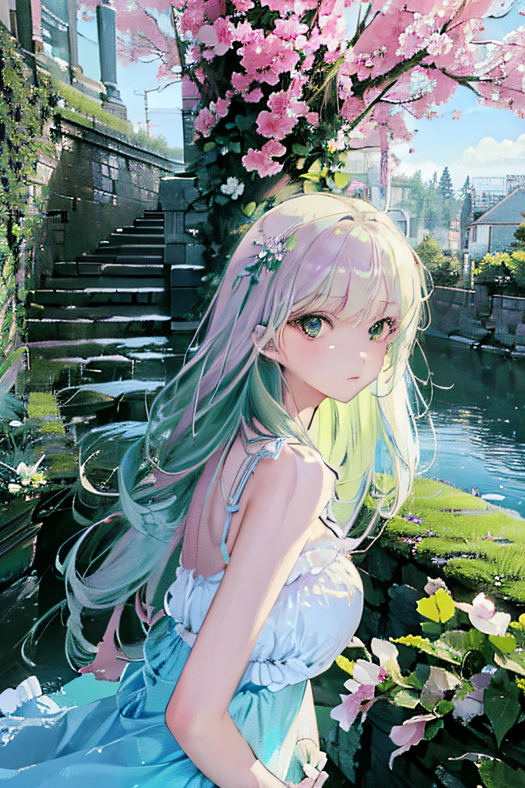 (highres),(realistic:1.37),detailed girl,detailed stairway,stunning garden,beautiful lighting,vivid colors,girl with long hair,green garden,stone stairway,flower-filled garden,blossoming flowers,intricate details,soft sunlight,serene atmosphere,peaceful setting,dreamlike scene,emerald green grass,delicate petals,lush vegetation,ornate railing,whimsical vines,captivating view,majestic trees,harmonious composition,tranquil mood,gentle breeze,ethereal beauty,brilliant blue sky,serenity and tranquility