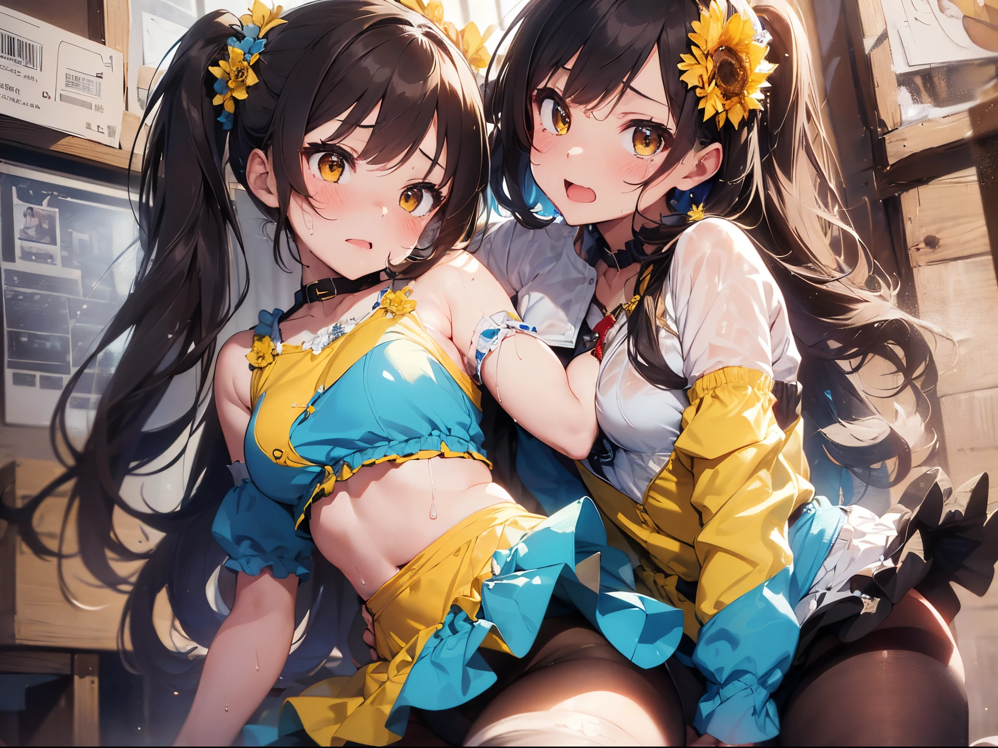 (Best Picture Quality, 4K, High Quality, Masterpiece:1.2), ((Masterpiece)), High Detail, High Quality, (HDR,16k, RAW Beautiful Girl Portrait, Best Picture Quality, Masterpiece:1.2), (Ultra-Definition Illustration), nsfw, idolmaster, idol costume, young , spotlight, (a man:1.4), (man behind girl), (intense Sex:1.7), (doggy style sex:1.4), standing doggy, (vaginal ), hetero, (man hold girl's waist:1.4), (cum out), nsfw, shado, extremely cute, brown hair color, twintail hair, sleeveless, detached sleeves, (yellow & blue frilled dress with flower stitches:1.3), tiara, embarrassed, crying, pantyhose, colorful wet race lingerie,