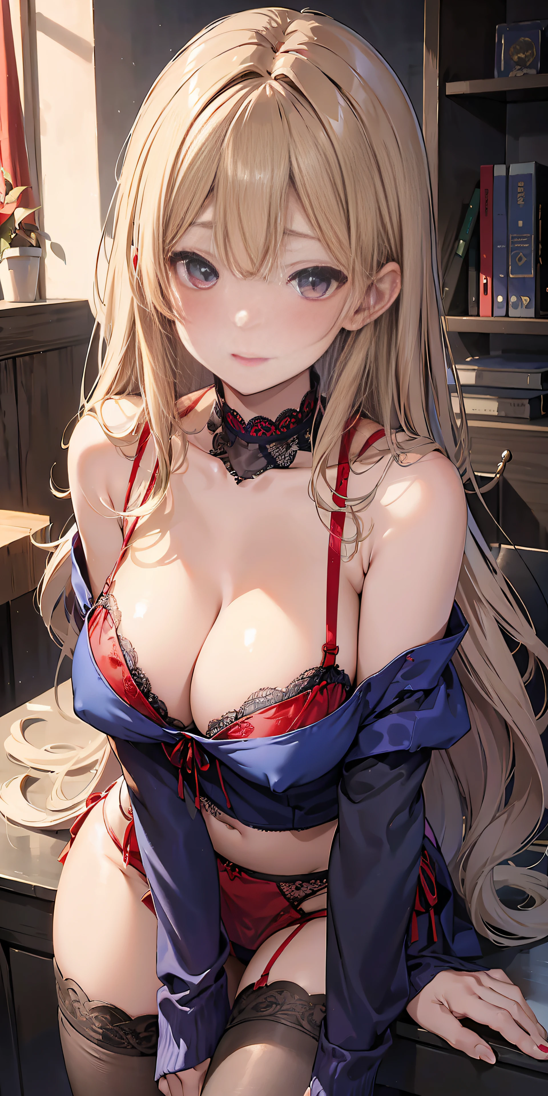 Adult Woman, Sexy Witch Cosplay, Long dark blonde wavy hair、off-shoulder knit, Black Pencil Mini Skirt, 、Medium milk, Blushing, Shy laughter, Bare shoulders、(Pose to lean forward and emphasize the chest)、sexy blue and red bra、((blue and red lace panties))、Luxurious magic wand and book、Hotel Pool、natta、sexy pose、Emphasize ass、((embarassed expression))、all-fours
