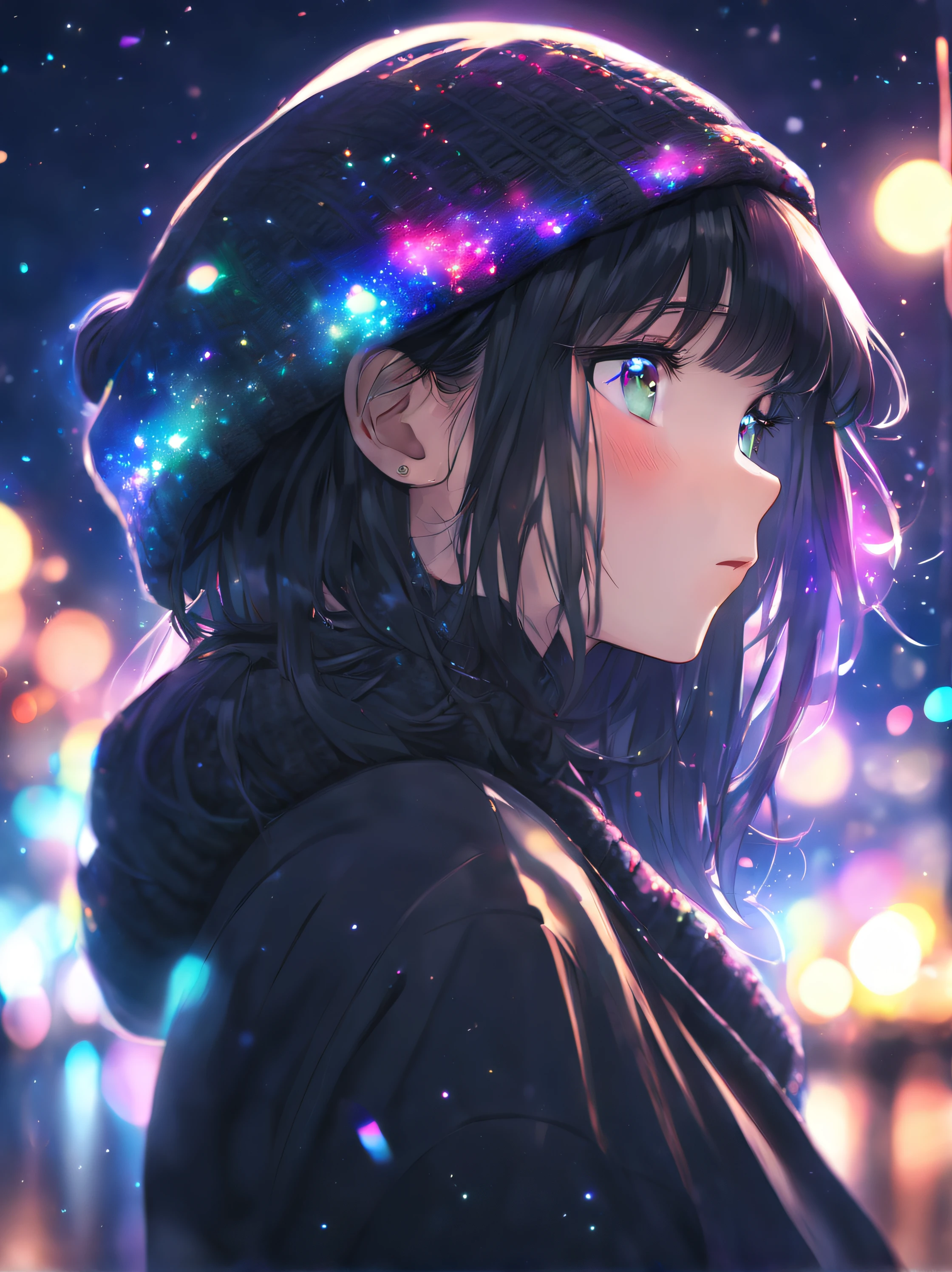side face focus, eyes focus, cute face, masterpiece, best quality, sharp focus, UHD, 1girl, Black hair, looking at the night sky, colorful lights, sparkling eyes, sad expression, Beanie, black sweater, turtleneck, colorful galaxy lights, side-looking, upper body, night scene,
