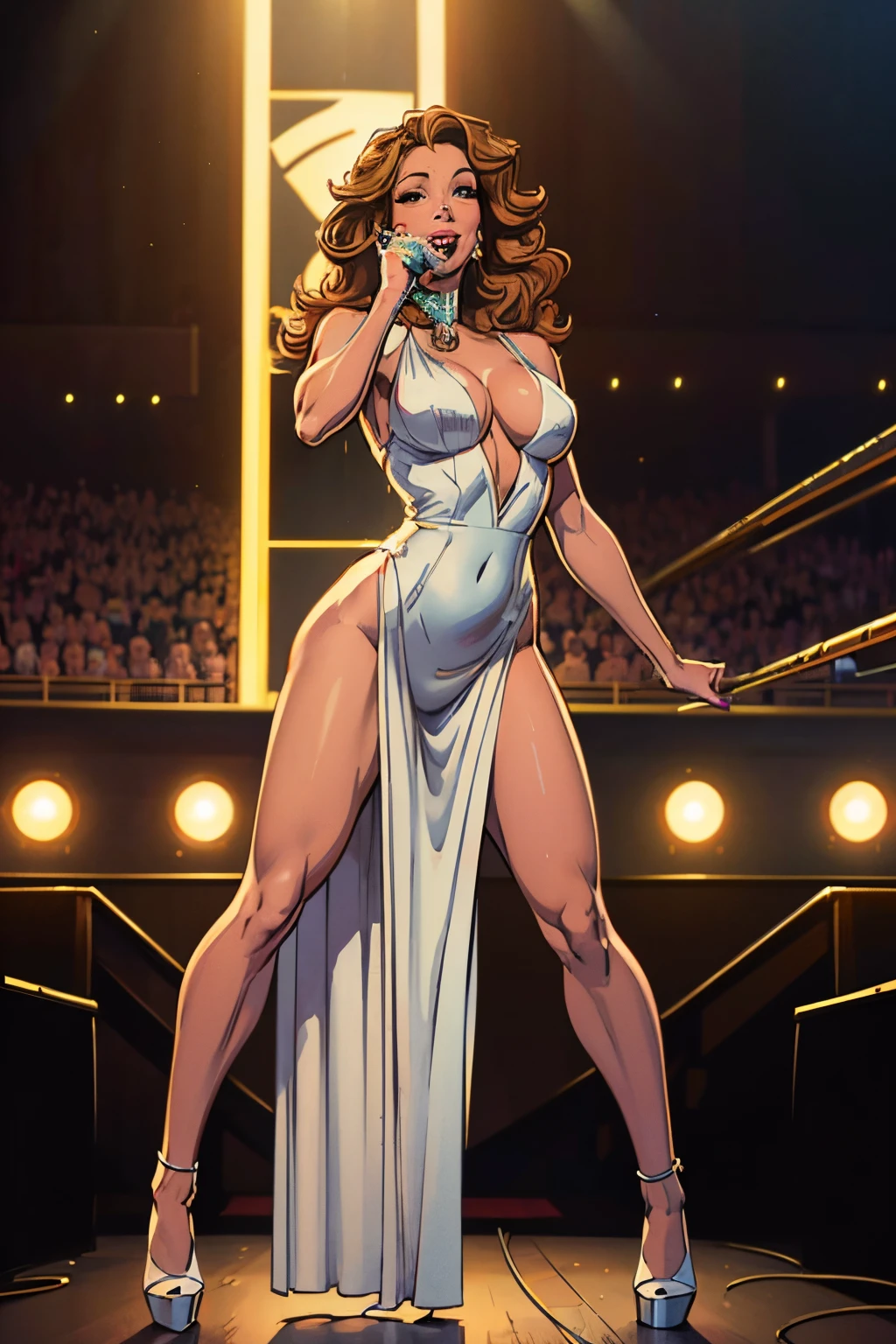 '(Best quality,4k,8k,High Resolutions,Masterpiece:1.2),portrait,Full length portrait,beautiful detailed eyes,beautiful detailed lips,sensual singer,Stage performance,microphone,Concert,vibrant colors,Stage lighting, Microphone stand, Focus on Mariah Carey, Emotional expression, dynamic pose, Interact with audience, Dramatic atmosphere, flowy dress, Golden spotlight, professional, mesmerizing performance of Mariah Carey singer, Beautiful full body, Honey blonde hair Captivating appearance, Brown eyes ,smiling lips,passionate look,Seductive full body woman suit,Catwalk model,1.8m tall,Tied hair,wearing BRIGHT WHITE futuristic outfit,