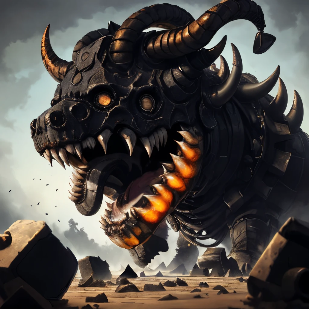 A terrible and frightening animal, very strong, with large iron teeth and ten horns, it devoured and tore it to pieces and trampled those that were left underfoot, and a small horn with human eyes and mouth came up and tore off three horns from the great animal.