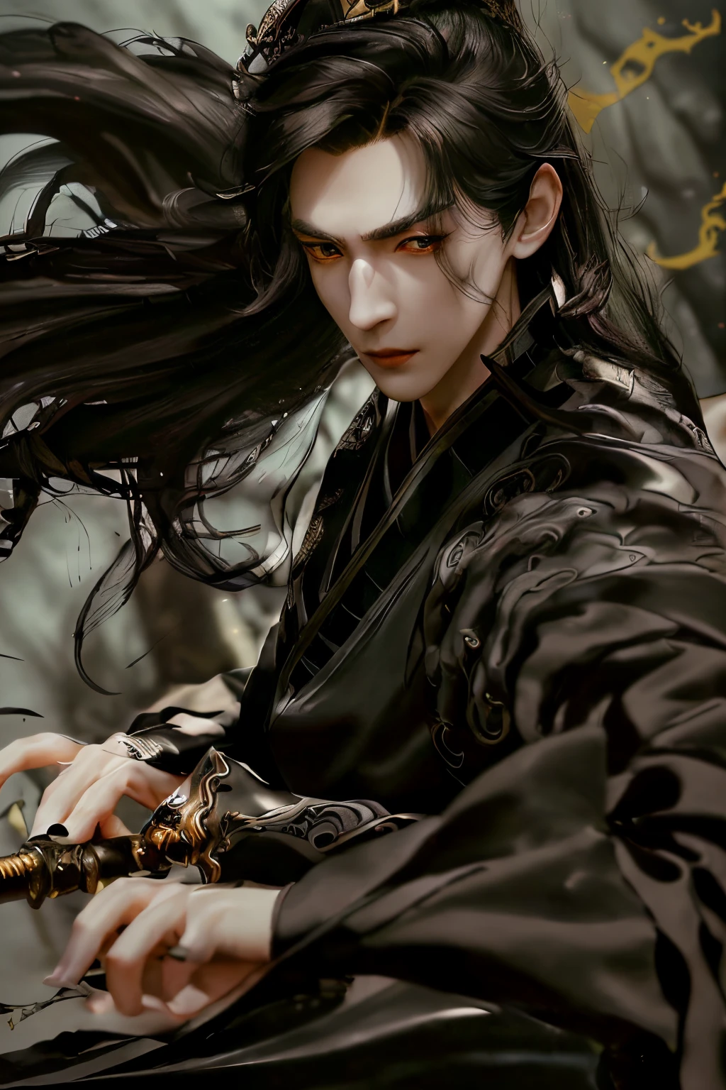 (ultra detailed, a high resolution) one handsome boy, slender and beautiful, chinese, long dark hair, fine dark eyes and detailed face, black rich hanfu, imperial robe, gold details, silk, dynasty, ancient china, dynamic pose, sad but determined, revengeful, holding sword, (background dark forest), portrait, anatomically correct, high details, center the composition, moody atmosphere, misty foggy, beautiful cinematic light, hyper-detailed hands