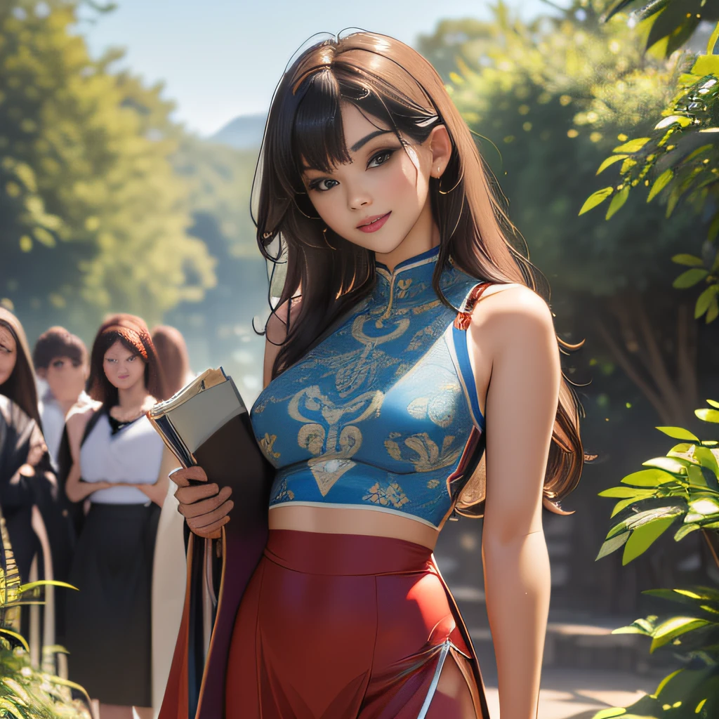 (Extremely detailed 8k wallpaper:2), (photo:2), (soigne Beautiful girl:2), (gives a lecture to friends:2), detailed (Face and eyes), (hyper realistic:1), (highly detailed:1), (epic realistic:1), rim light, (maximum details:1), cozy, (fullbody:1.3), (looking at viewer:2.0), (Woman's Attractive Qualities:2), (Attractive Woman:2), (Attractive:2), Smile, Intelligence, Empathy, Gracefulness, Sense of Style, Fitness, Grooming, Optimism, (Sensitivity:2), Sincerity, Romantic Gestures, Playfulness, Fashion Sense, (Sensuality:2), Charm, Modesty, Thoughtfulness, (Femininity:1), Flirtatiousness, Warmth, (Physical attractiveness:2), A beautiful smile, A love of life, strength and power, vulnerability, curiosity, wonder, love, (nature background:2), kawaii, waifu, Beautiful breasts, (attractive body:2), (Beautiful body:2), Beautiful pose, attractive pose, (Beautiful legs:1.0), (spread legs:1.0), (Beautiful clothes:1), (classic clothes:2), (elegant clothes:2), (European clothes:2), detailed clothes, (skirt:1), (blouse:1), (provocative pose)