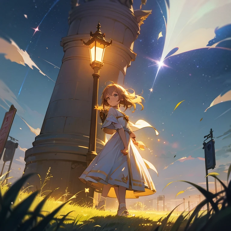 animesque Fantastical starrysky Chestnut haired girl in a white dress retro street lamp grass field sacred place Particles of light