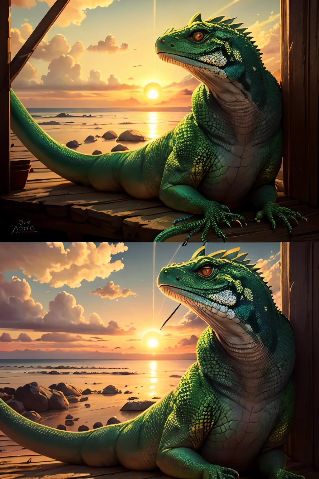 Selection of Subject and Setting:
Sujeto: Un lagarto gigante, Inspired by real species but with a huge size, similar a un dinosaurio.
Escenario: Un entorno natural que complemente la majestuosidad del lagarto, como un bosque denso o una llanura abierta.
Time of Day and Lighting Conditions:
Hora: Atardecer, to take advantage of the soft golden light that characterizes this time of day.
Light Direction: From an angle that highlights the textures and details of the lizard, creando un juego de sombras y luces que aporte profundidad a la imagen.
Camera Setup:
Camera Type: A professional DSLR camera or medium format camera, Known for its high resolution and image quality.
Lente: Una lente con una distancia focal que permita capturar al lagarto en su totalidad sin perder detalle, such as a telephoto lens if you are looking for a closer focus or a wide angle to include more of the environment.
Configuraciones: Ajustar la apertura, shutter speed and ISO to clearly capture details of the lizard and the environment, maintaining a balance between exposure and depth of field.
Composition and Framing:
Encuadre: Colocar al lagarto de manera que domine la escena, pero sin opacar la belleza del entorno.
Regla de los Tercios: Use this rule to position the lizard and key elements of the environment in strategic points that balance the image.
Post-Procesamiento:
Ajustes Finales: Realizar ajustes de color, contraste y nitidez para resaltar la textura de la piel del lagarto y los detalles del entorno.
ambiance: Add a slight glow or sparkle effect to simulate the effect of the sunset sun.