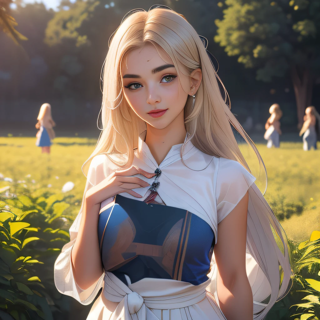 (Extremely detailed 8k wallpaper:2), (photo:2), (soigne Beautiful girl:2), (gives a lecture to friends:2), detailed (Face and eyes), (hyper realistic:1), (highly detailed:1), (epic realistic:1), rim light, (maximum details:1), cozy, (fullbody:1.3), (looking at viewer:2.0), (Woman's Attractive Qualities:2), (Attractive Woman:2), (Attractive:2), Smile, Intelligence, Empathy, Gracefulness, Sense of Style, Fitness, Grooming, Optimism, (Sensitivity:2), Sincerity, Romantic Gestures, Playfulness, Fashion Sense, (Sensuality:2), Charm, Modesty, Thoughtfulness, (Femininity:1), Flirtatiousness, Warmth, (Physical attractiveness:2), A beautiful smile, A love of life, strength and power, vulnerability, curiosity, wonder, love, (nature background:2), kawaii, waifu, Beautiful breasts, (attractive body:2), (Beautiful body:2), Beautiful pose, attractive pose, (Beautiful legs:1.0), (spread legs:1.0), (Beautiful clothes:1), (classic clothes:2), (elegant clothes:2), (European clothes:2), detailed clothes, (skirt:1), (blouse:1), (provocative pose)