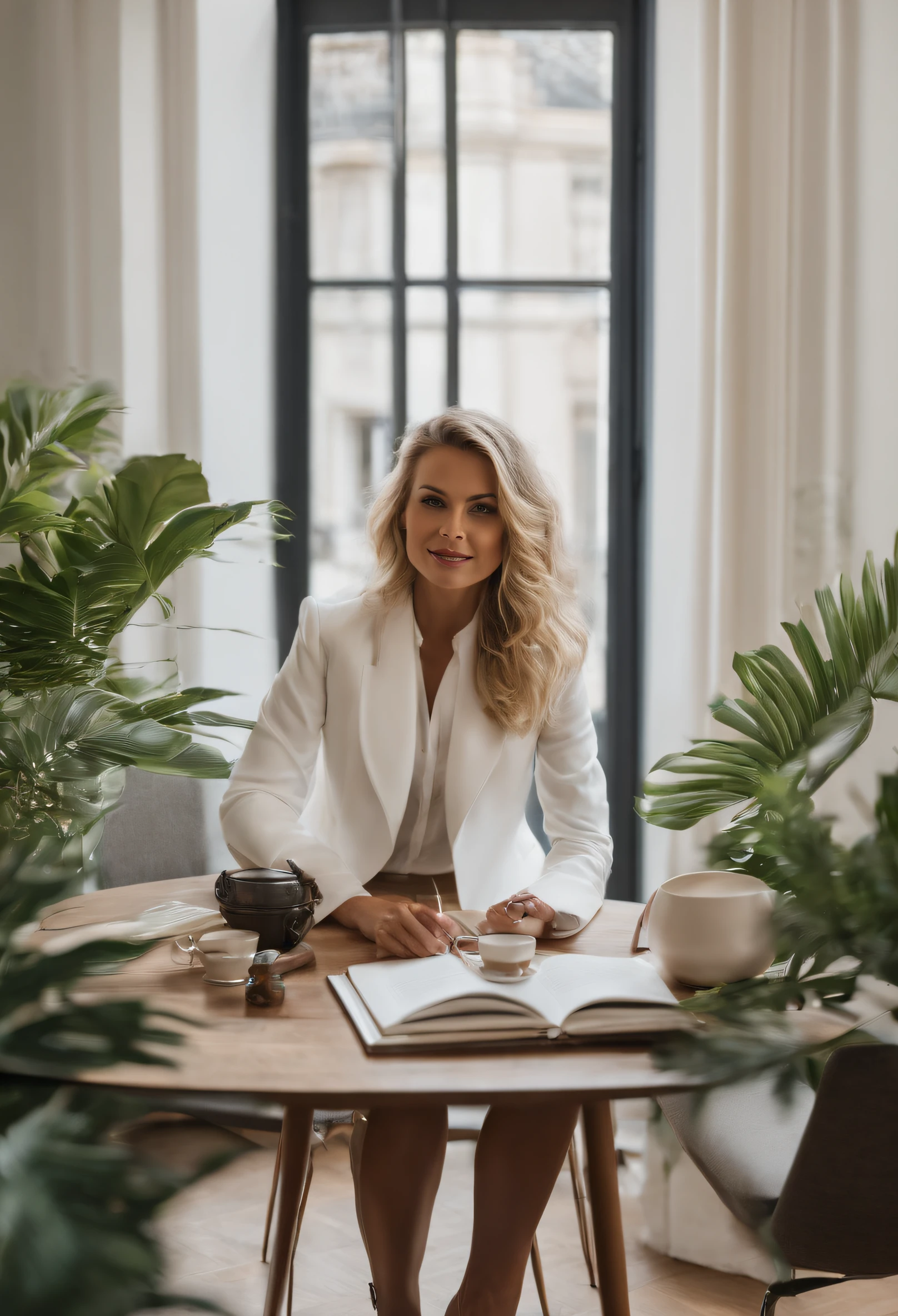 L'environnement : Le bureau de cette femme blonde respire l'efficacité et la créativité. Les murs sont d'une teinte neutre, mettant en valeur des œuvres d'art abstraites qui ajoutent une touche artistique à l'espace. La pièce est baignée de lumière naturelle grâce à de grandes fenêtres offrant une vue inspirante sur la ville. Son bureau est soigneusement organisé, avec un ordinateur portable dernier cri et des accessoires de bureau assortis. Des plantes vertes apportent une touche de vie, créant une atmosphère harmonieuse. Sur les étagères, on trouve une collection de livres professionnels et de romans inspirants, reflétant à la fois sa passion pour son travail et son amour pour la lecture. Une tasse de café fumante repose à côté de son clavier, témoignant de son besoin d'énergie constante pour relever les défis du quotidien. La tenue vestimentaire : La femme blonde porte une tenue professionnelle qui allie style et élégance. Elle a opté pour une blouse blanche bien coupée, mettant en valeur sa silhouette tout en conservant une touche de sophistication. Un blazer ajusté apporte une note professionnelle à sa tenue, accentuant son engagement envers son travail. Le bas de son ensemble est composé d'un pantalon ajusté de couleur neutre, soulignant son sens du style moderne et professionnel. Des talons hauts noirs complètent sa tenue, lui conférant une démarche assurée et confiante. Des bijoux discrets ajoutent une touche de féminité sans être ostentatoires. Ses cheveux blonds sont coiffés de manière professionnelle, reflétant sa confiance en elle-même et son souci du détail. Globalement, la femme blonde incarne l'équilibre parfait entre professionnalisme et style, créant un environnement de travail où elle se sent à la fois compétente et inspirée. toute en regardant en droit vers la camera
