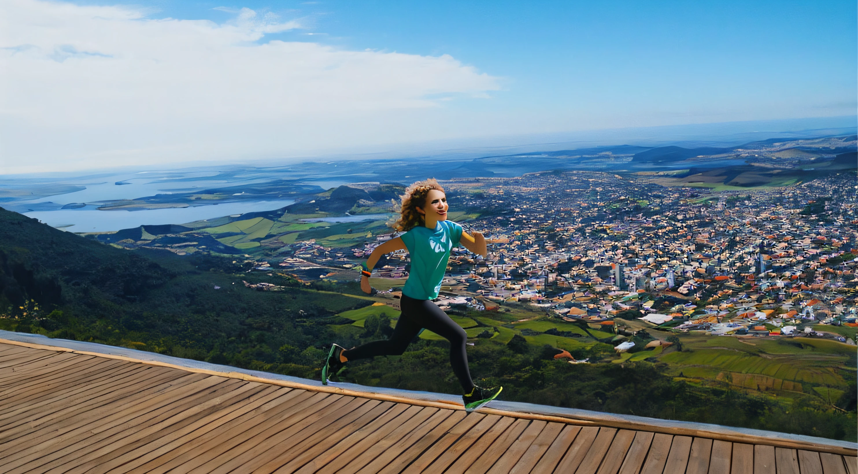 mulher arafa correndo em uma plataforma de madeira com vista para uma cidade, Caminhando no topo de uma pequena cidade, Running on the edge of space, Panoramic view of the girl, correndo e caindo sobre nuvens, Correndo livremente, menina correndo, girl dancing on cliff, menina que caminha na montanha, girl is running, levitando acima do solo, menina que caminha no penhasco, acrofobia