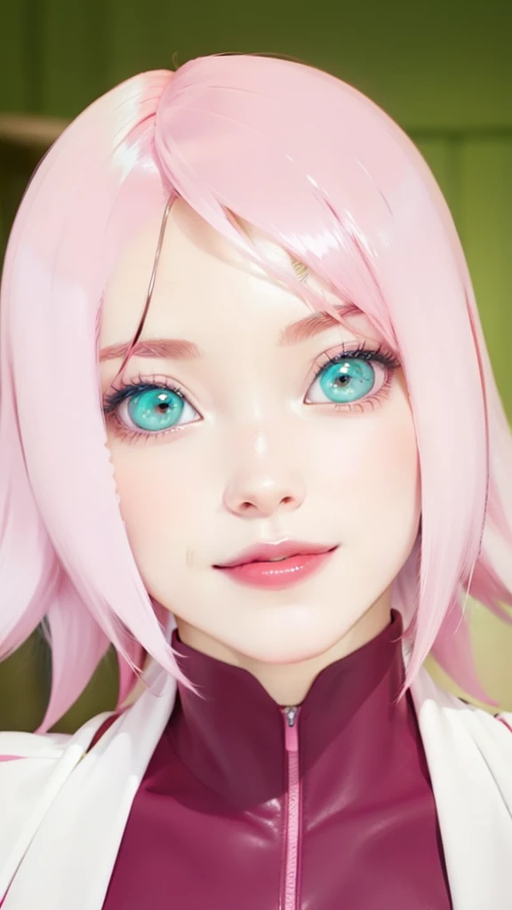 young woman, porcelain skin, short bubblegum pink hair, big red lips, big green eyes, pink eyebrows, smile, perfect teeth, looking at camera, Sakura Haruno, 3d