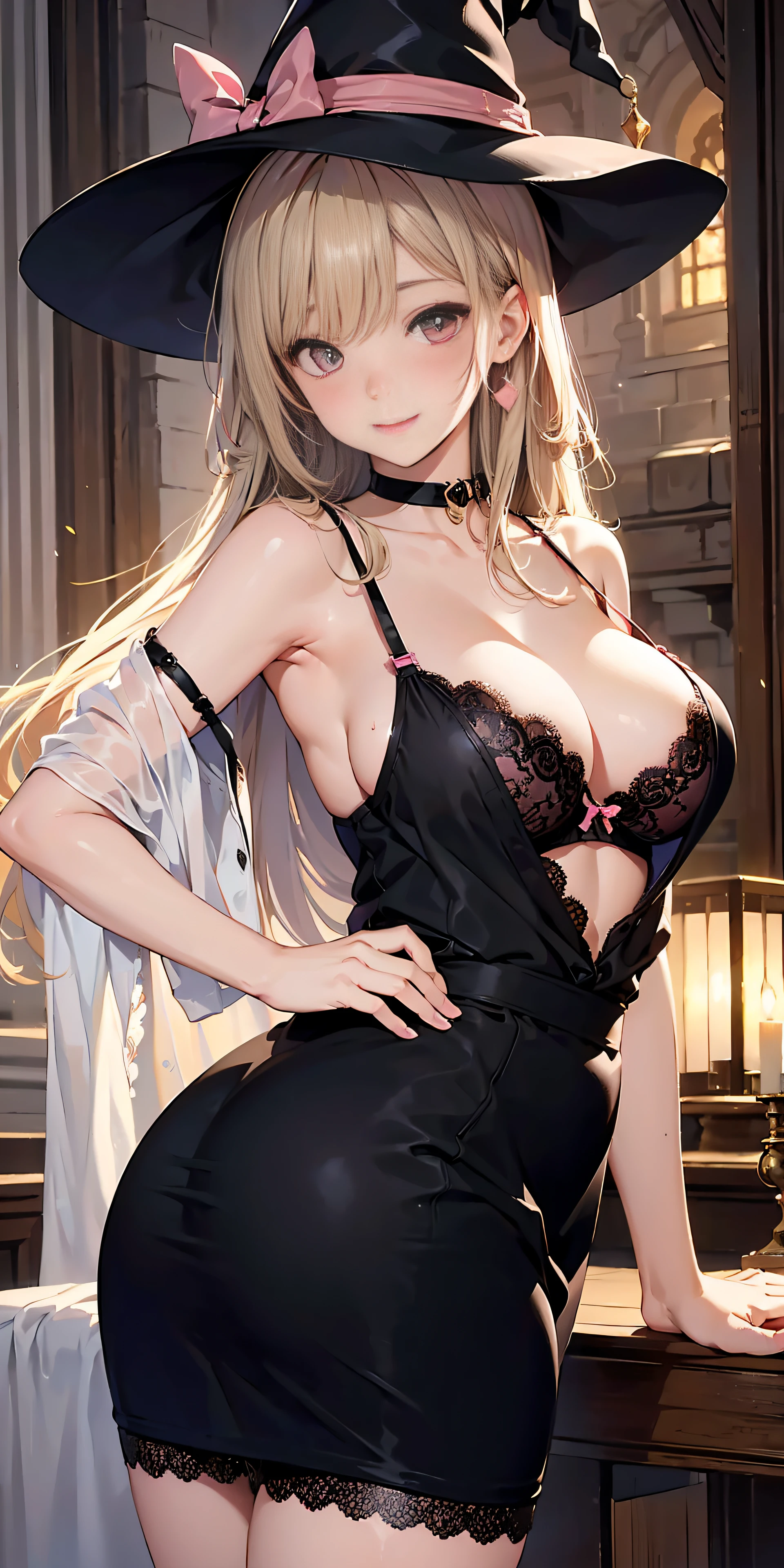 Adult Woman, Sexy Witch Cosplay, Long dark blonde wavy hair、off-shoulder knit, (Black Mini Pencil Skirt), Big hat、Medium milk, Blushing, Shy laughter, Bare shoulders、(Pose to lean forward and emphasize the chest)、(turned around)、sexy hips、sexy black and pink bra、((black and pink lace panties))、Red high heels、Luxurious magic wand and book、Church of the castle、sexy pose、Emphasize ass、((buttocks visible))、((embarassed expression))