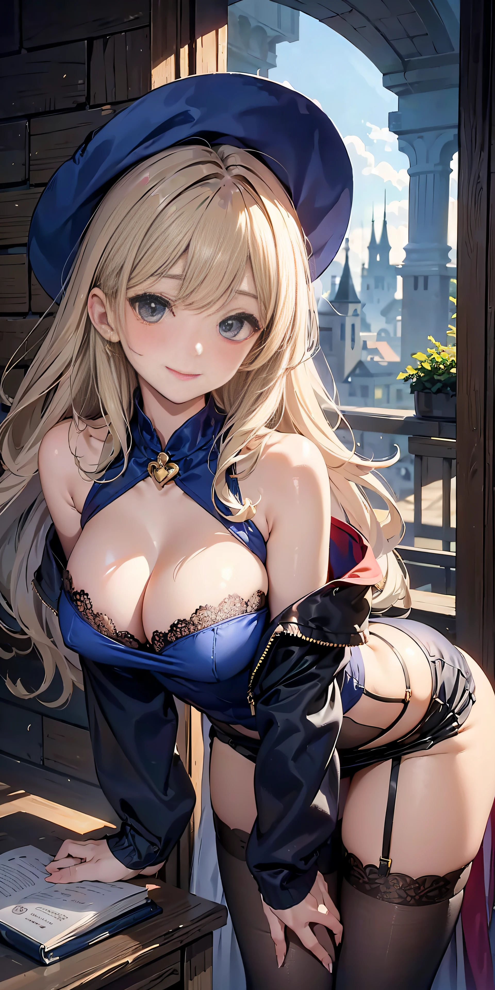 Adult Woman, Sexy Witch, Long dark blonde wavy hair、off-shoulder knit, Puffy nipple、(dark blue long one-piece dress), jaket、Medium milk, cute smile face、Bare shoulders、(Pose to lean forward and emphasize the chest)、(turned around)、sexy hips、Black High Heels、Luxurious magic wand and book、Church of the castle、sexy pose、(((The skirt is rolled up by the wind)))、Sexy lace panties
