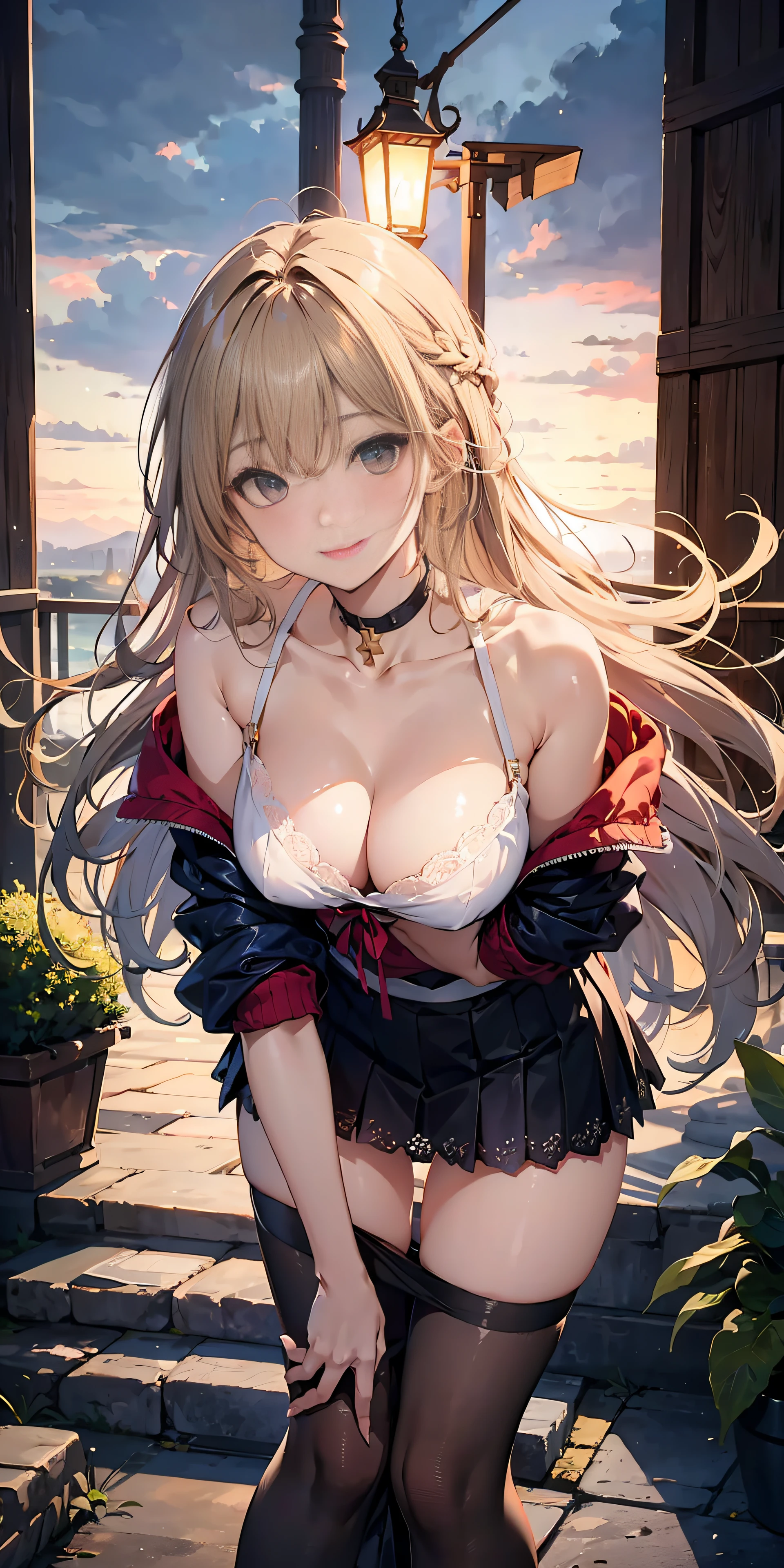 Adult Woman, sorcerer、Long dark blonde wavy hair、off-shoulder knit, Puffy nipple、(dark blue long one-piece dress), jaket、Medium milk, cute smile face、Bare shoulders、(Pose to lean forward and emphasize the chest)、(turned around)、sexy hips、Black High Heels、Church of the castle、sexy pose、(((The skirt is rolled up by the wind)))、Sexy lace panties