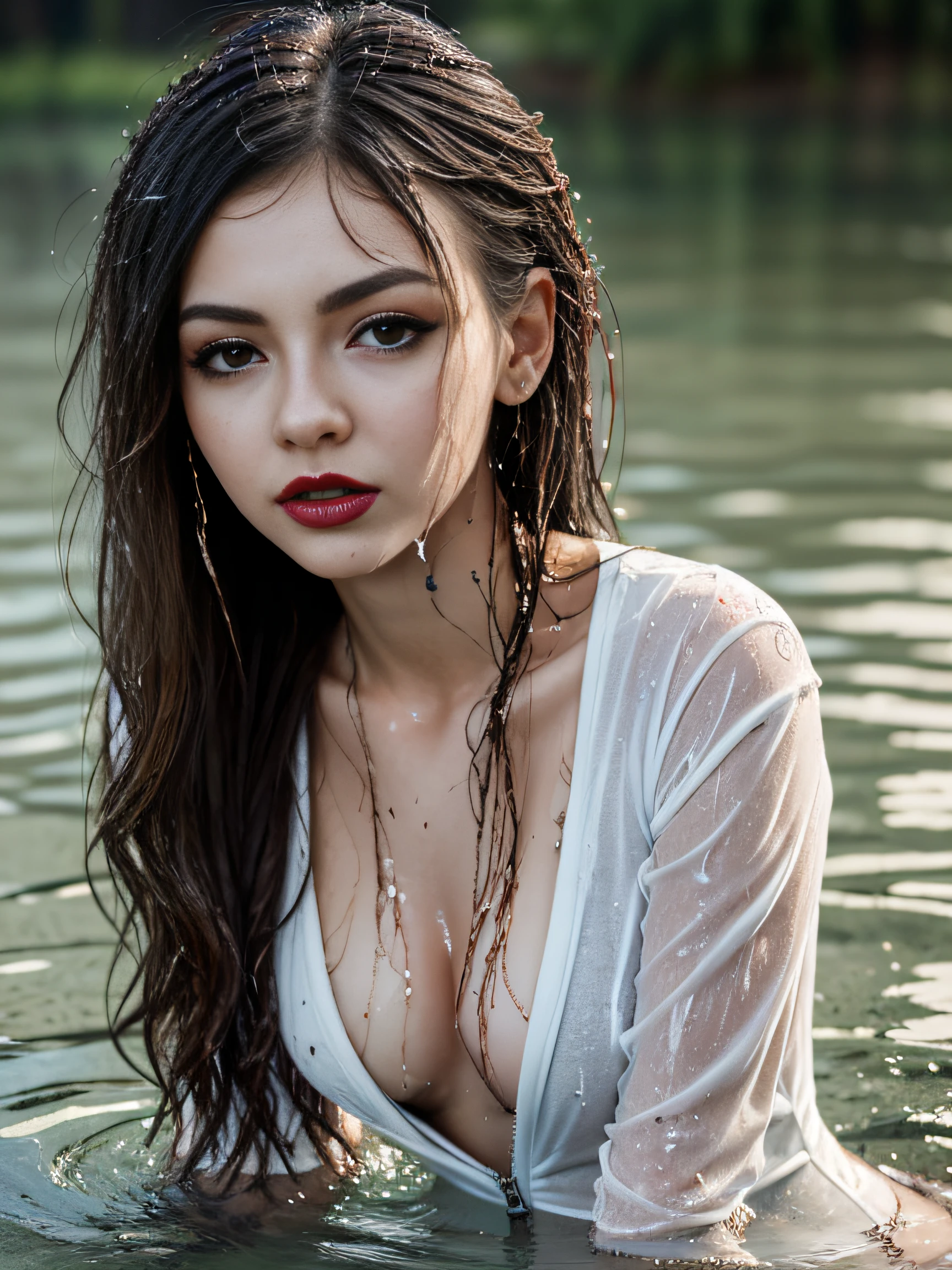 Young woman swimming in lake, (long wavy hair), bottom angle, in the water, water on body, in the water, denim dress, zipped dress, zip pulled open, plunging neckline, white shirt, seated in the water, charli bowater, cute woman, layered clothing, casually dressed, wet look, portrait shot, mid shot portrait, playing in water, looking at viewer, sultry, cute shot, narrow depth of field, 8k, nsfw, (((drenched))), ((soaked)), ((dripping water)), dripping oil, heavy clothes, soaked in oil, wet all over, rouge lipstick, firm breasts