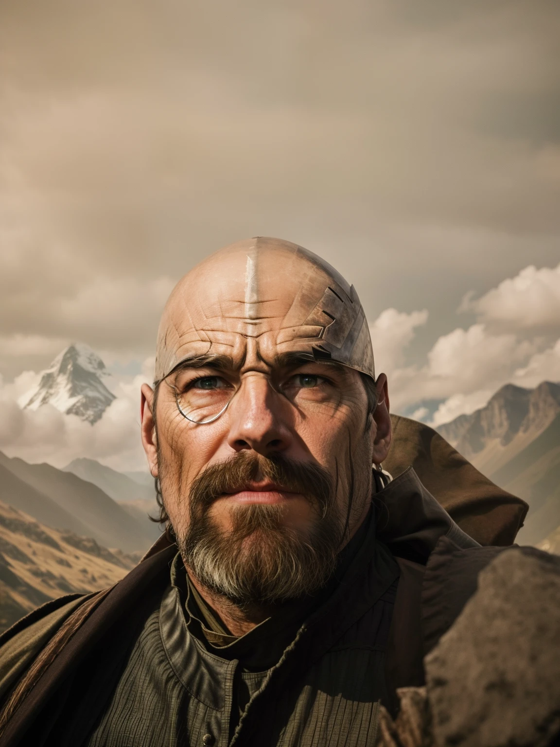 Using this face, a man wearing full silver armor from midevil tumes, sword in hand, ready ti fight, on a mountain top, at twilight