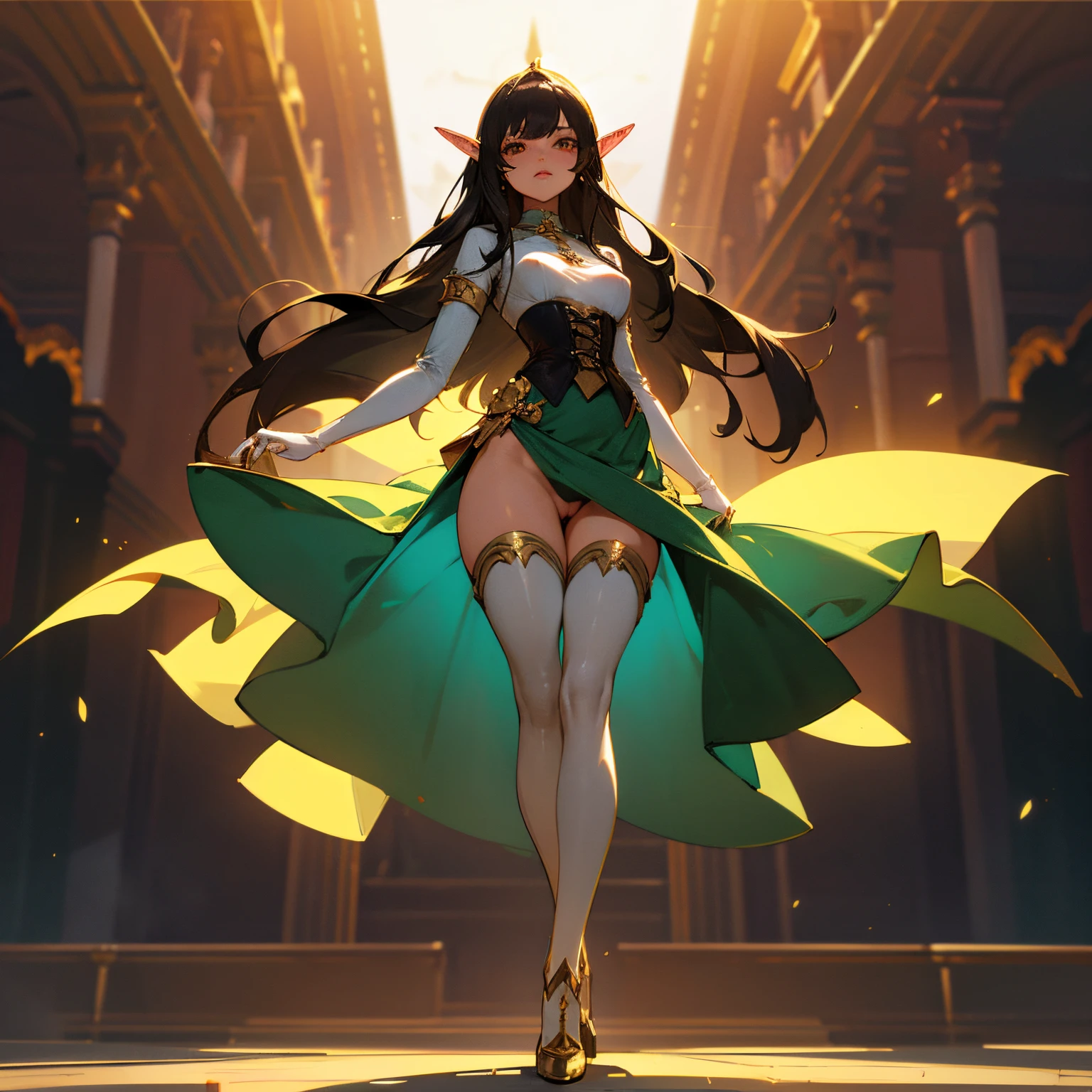 creates an nsfw image that turns into a perfectly detailed masterpiece with 4k full hd quality respecting the human anatomy of a beautiful full-length elf princess, medium breasts, thick thighs, long black hair, golden almond eyes, beautiful light brown skin, which wears an elegant short green elven dress, thigh-tight stockings, white silk gloves, a corset and gold high heels. She stands with her legs spread apart and her skirt lifted showing her naked pussy as well as her breasts hanging bare in a public independence scene.