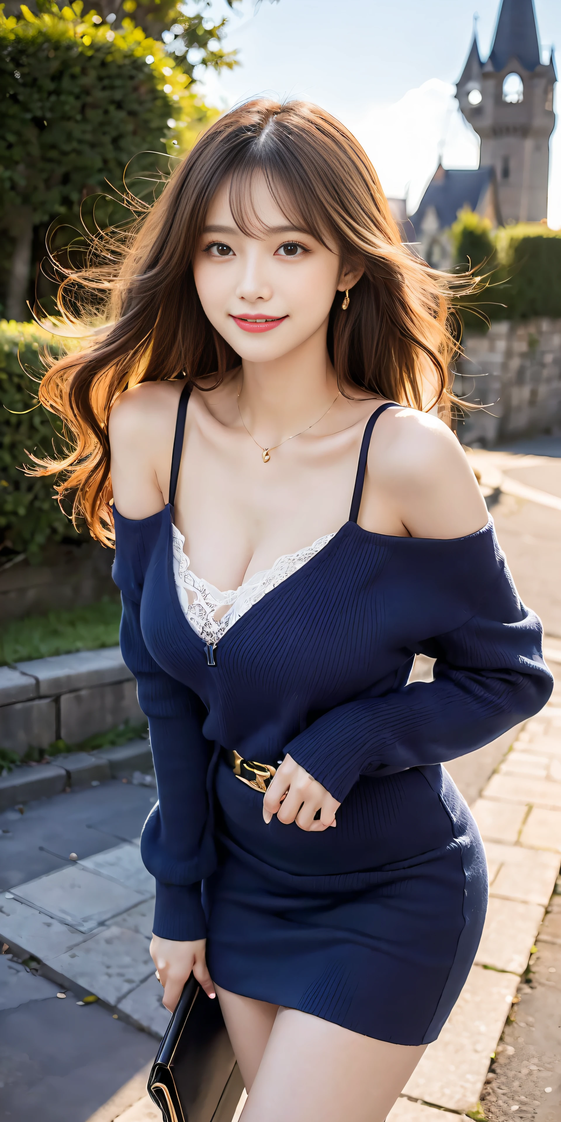 Adult Woman, Sexy Witch, Long dark blonde wavy hair、off-shoulder knit, Puffy nipple、(dark blue long one-piece dress), jaket、Medium milk, cute smile face、Bare shoulders、(Pose to lean forward and emphasize the chest)、(turned around)、sexy hips、Black High Heels、Luxurious magic wand and book、Church of the castle、sexy  pose、(((The skirt is rolled up by the wind)))、Sexy lace panties