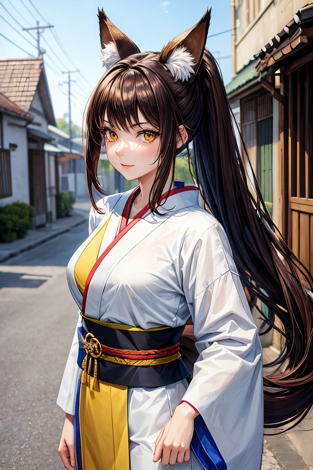 Realistic anime style, from the front, woman, oriental, 20 years old, brown hair with a ponytail, fox ears the same color as her mixed hair, yellow eyes, wearing a mix of kimono and modern clothes in white and blue, she has than having a fox tail in the same color as your hair, carrying a ninjato on your back, in a village during the day.