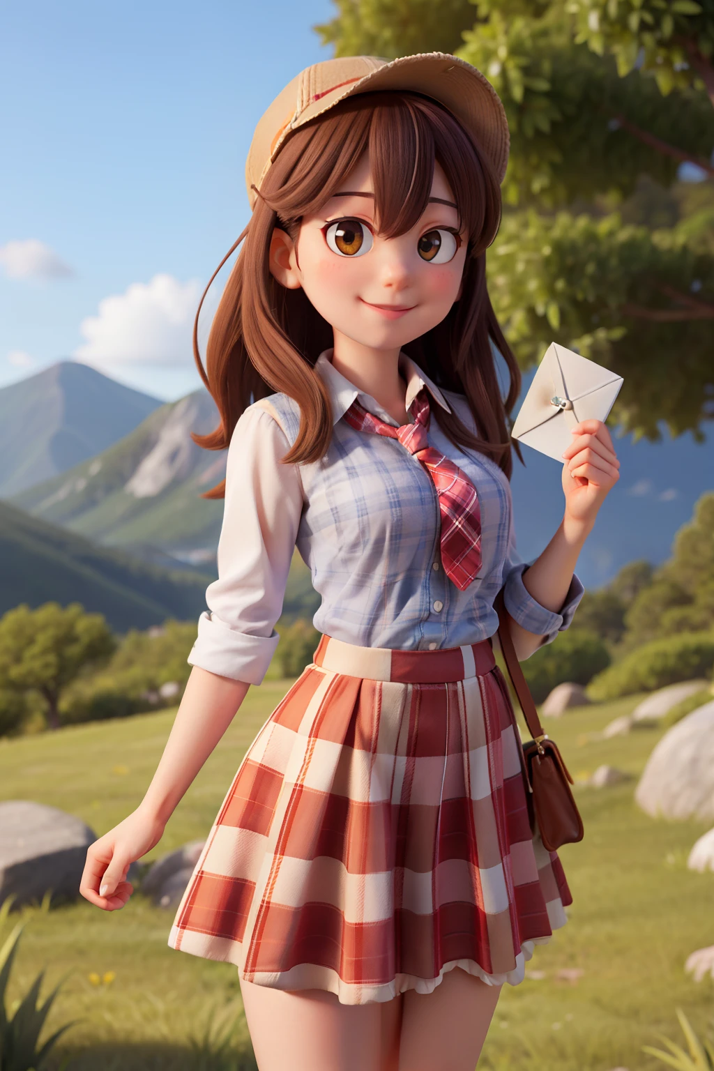 masterpiece, high quality best quality,1girl, bangs, beach, blue_sky, blush, bow, breasts, checkered, checkered_shirt, checkered_skirt, cloud, cloudy_sky, collarbone, day, envelope, giving, grass, hair_bow, heart, holding, holding_letter, horizon, incoming_gift, kazami_yuuka, leaning_forward, lens_flare, letter, light_rays, long_hair, looking_at_viewer, love_letter, mountain, mountainous_horizon, ocean, outdoors, plaid, plaid_background, plaid_bikini, plaid_bow, plaid_bowtie, plaid_bra, plaid_dress, plaid_headwear, plaid_jacket, plaid_legwear, plaid_necktie, plaid_neckwear, plaid_panties, plaid_pants, plaid_ribbon, plaid_scarf, plaid_shirt, plaid_skirt, plaid_vest, pov, shirt, skirt, sky, smile, solo, sun, sunbeam, sunlight, tree, unmoving_pattern