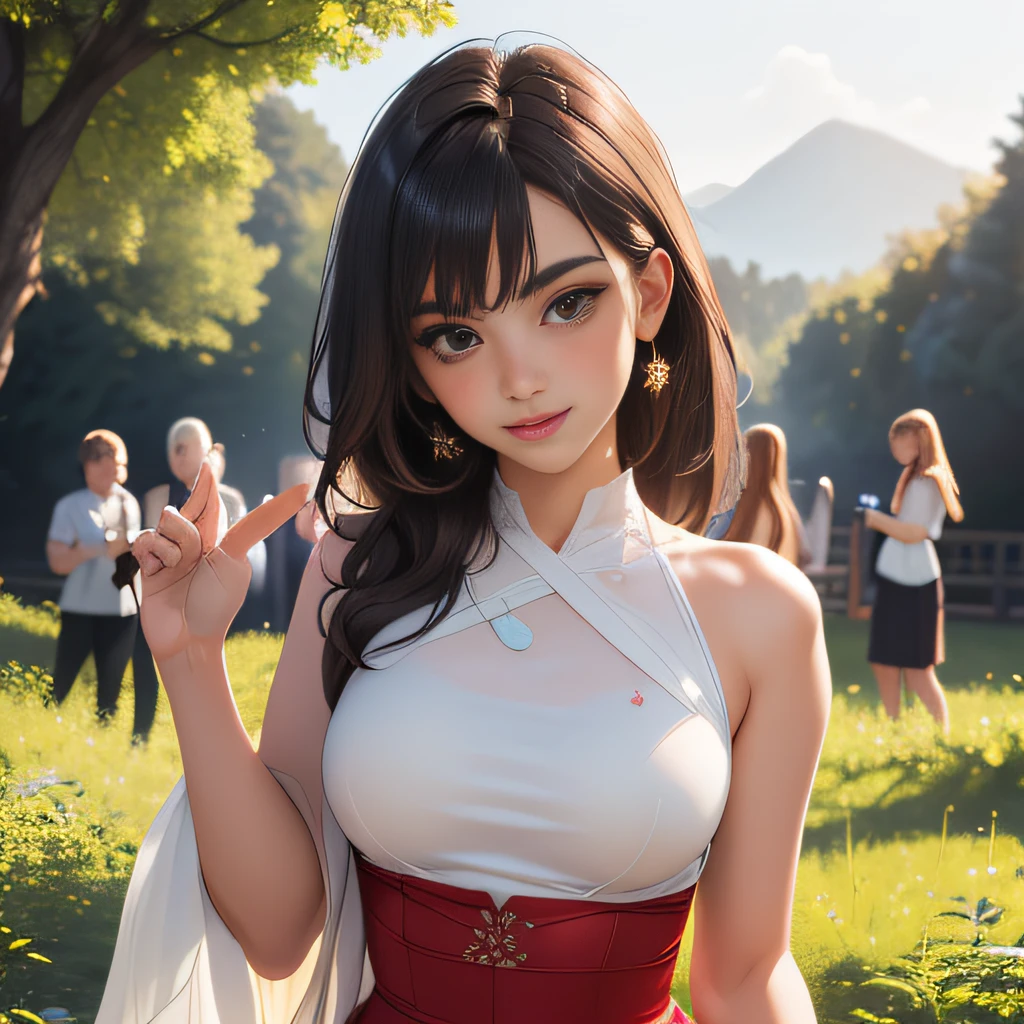(Extremely detailed 8k wallpaper:2), (photo:2), (soigne Beautiful girl:2), (gives a lecture to friends:2), detailed (Face and eyes), (hyper realistic:1), (highly detailed:1), (epic realistic:1), rim light, (maximum details:1), cozy, (fullbody:1.3), (looking at viewer:2), (Woman's Attractive Qualities:2), (Attractive Woman:2), (Attractive:2), Smile, Intelligence, Empathy, Gracefulness, Sense of Style, Fitness, Grooming, Optimism, (Sensitivity:2), Sincerity, Romantic Gestures, Playfulness, Fashion Sense, (Sensuality:2), Charm, Modesty, Thoughtfulness, (Femininity:1), Flirtatiousness, Warmth, (Physical attractiveness:2), A beautiful smile, A love of life, strength and power, vulnerability, curiosity, wonder, love, (nature background:2), kawaii, waifu, Beautiful breasts, (attractive body:2), (Beautiful body:2), Beautiful pose, attractive pose, (Beautiful legs:1.0), (spread legs:1.0), (Beautiful clothes:1), (classic clothes:2), (elegant clothes:2), (European clothes:2), detailed clothes, (skirt:1), (blouse:1), (provocative pose)