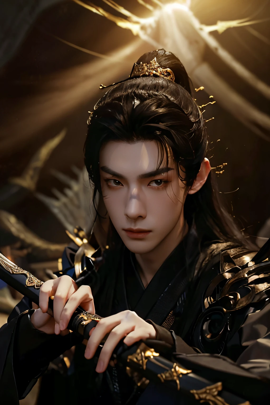 (ultra detailed, a high resolution) one handsome boy, slender and beautiful, chinese, long dark hair, fine dark eyes and detailed face, black rich hanfu, imperial robe, gold details, silk, dynasty, ancient china, dynamic pose, sad but determined, revengeful, holding sword, (background dark forest), portrait, center the composition, moody atmosphere, misty foggy, beautiful cinematic light, high detail, film grain, from below, anatomically correct, high details, UHD