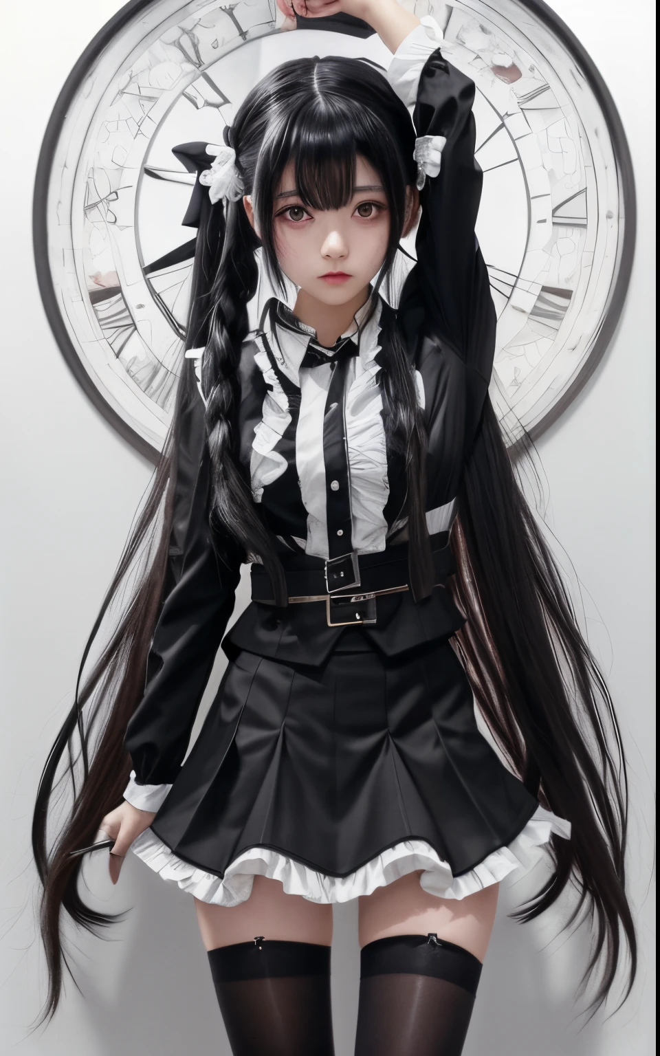girl with long black hair and a black jacket, gothic maid girl, yandere intricate, twintail, yandere, stocking, tall, gapmoe yandere grimdark, moe artsty, masterpiece, High quality,vivd colour,flat-colors,Deep Depth Of Field,Lens Flare,1 girl,Black hair,eyecontact,Suit,Collared shirt,suspenders,Professional,Office Lady,Mature Women,Black mini skirt knee high Stockings Black Niso Colorcon armpit sweat perspiring,Gaze,ample bosom,Armpit sweat,Exposing the armpits"Pichi Pichi clothes