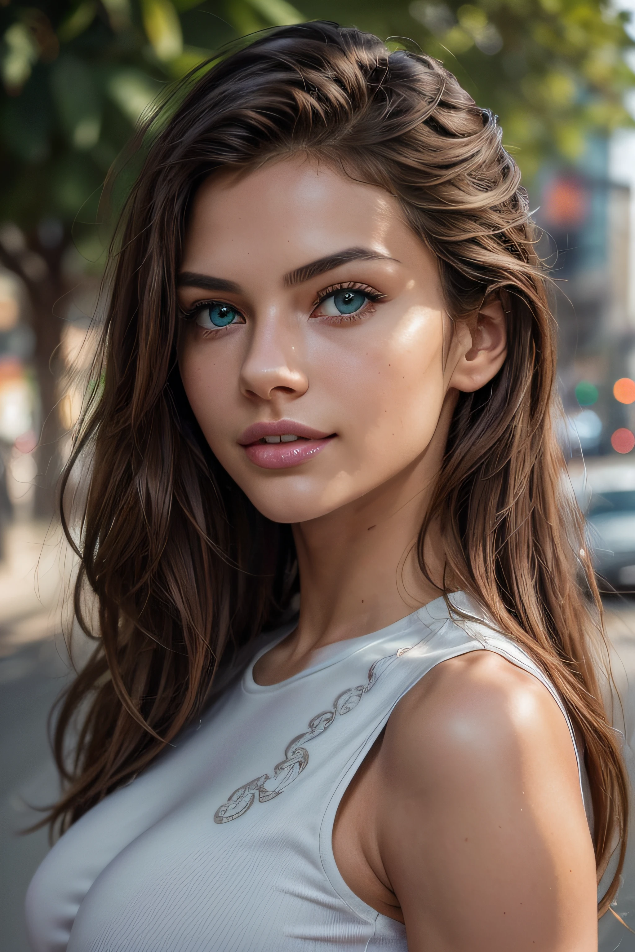 ((A realistic photo of a 20-year-old girl)), ((extremely beautiful)), ((cute face)), ((brunette)), ((green eyes)), (extra long wavy hair), (medium breasts:1.4), (body fit: 1.0), (slender abs), (moderate hips: 1.4), (realistic eyes), (subtle makeup), (alone), ((boobs d cup)), ((nice perfect ass)), (Shiny skin), (shiny lips), (sensual gaze), (perfect teeth), (realistic teeth), (detailed teeth), (perfect fingers), (realistic fingers), (detailed fingers), (charming countenance), (ultra detailed face), (ultra realist face), (ultra detailed eyes), (ultra realist eyes), ((ultra detailed irises)), (same color eyes), (bare neck), (Best Quality: 1.3), (8k), (masterpiece: 1.3), (UHD), (realistic: 1.3), (photorealistic: 1.3), (Smoother lighting：1.05), (nffsw), (Wallpaper), (High resolution), (Carl Zeiss 85mm F/1.4), (NSFW), (Raw photo), (Sharp Focus: 1.4), (Increase body line mood:1.1), (Increase skin ameltoetexture beauty:1.1), (detailed skin:1.3), (eyes symmetrical), (symmetrical face), ((Unreal Engine 5)), (looking at the camera), ((seductive girl)), ((on the street)), ((wearing tight shirt:1.2)), ((seductive smile)), ((close-up photo of head)), ((front view))