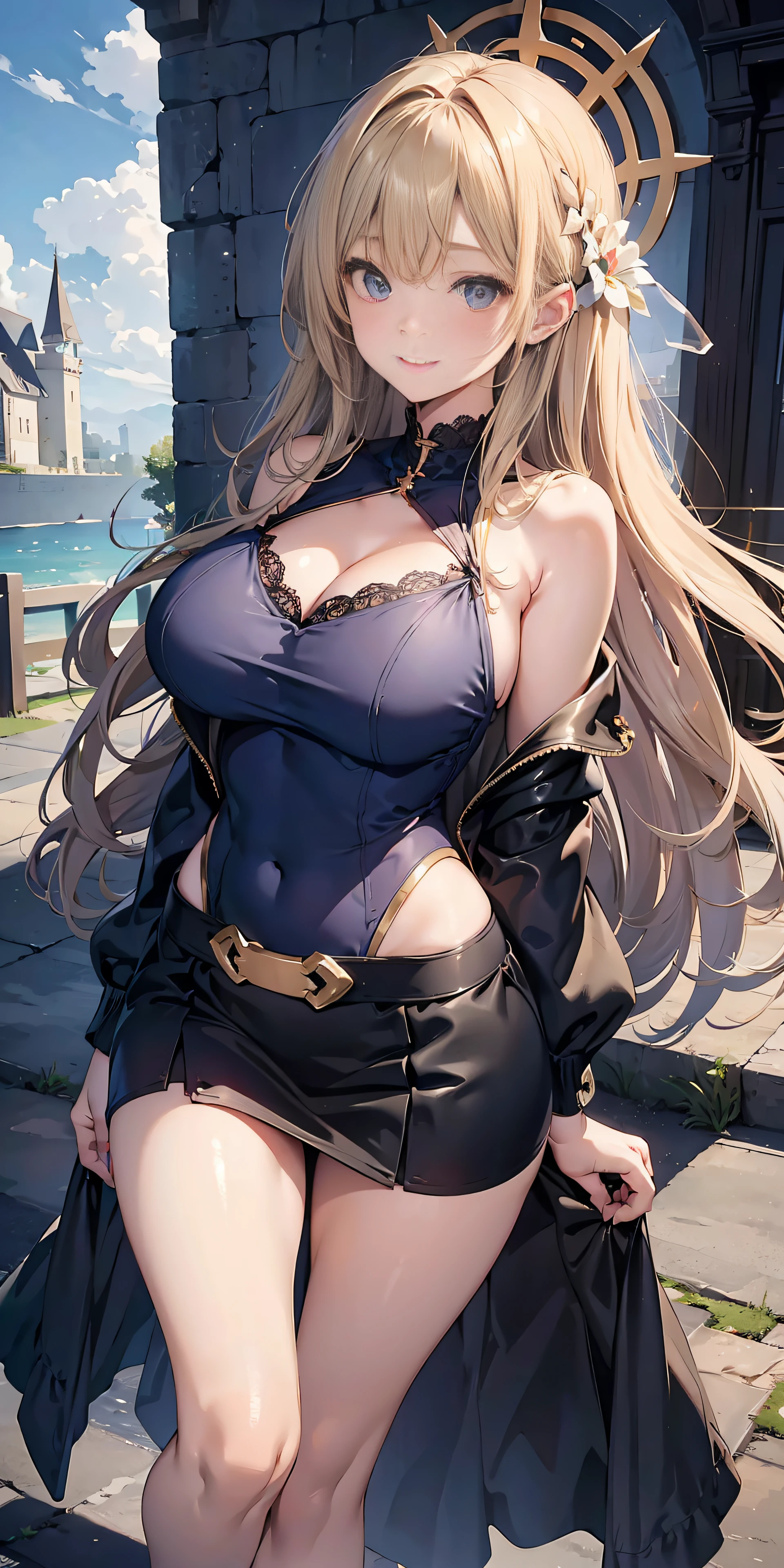 Adult Woman, Long dark blonde wavy hair、off-shoulder knit, Puffy nipple、(dark blue long one-piece dress), jaket、Medium milk, cute smile face、Bare shoulders、(Pose to lean forward and emphasize the chest)、(turned around)、sexy hips、Black High Heels、Church of the castle、sexy pose、(((The skirt is rolled up by the wind)))、Sexy lace panties