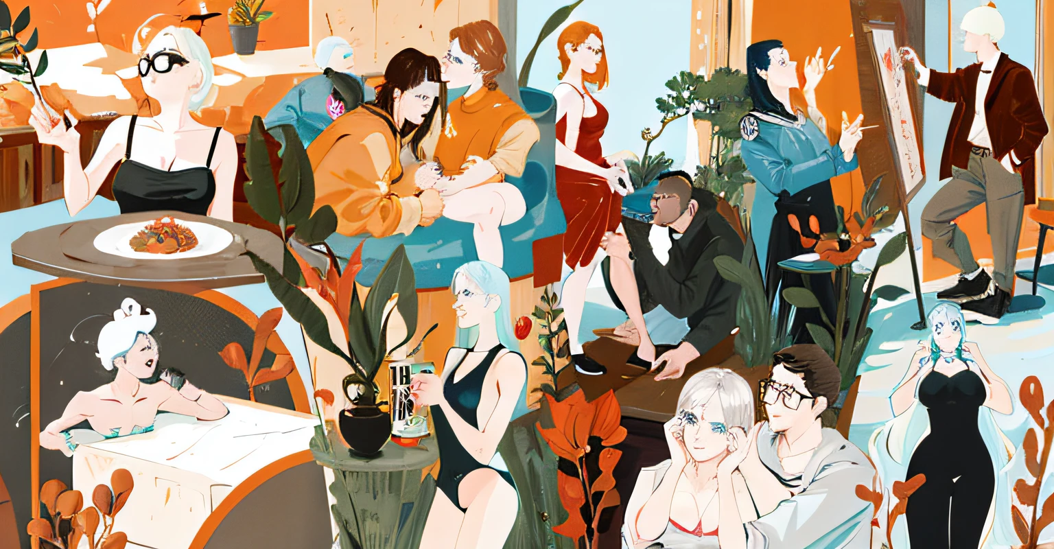 there are many people sitting at the table with food and drinks, in style of digital illustration, The editorial illustration is colorful, Illustration Style, Editorial illustration, by Zofia Stryjenska, magazine illustration, illustration”, #illustartion, inspired by Asaf Hanukkah, illustartion | by rutkowski, digital illustration -, Ingrida Juniper, Sarah Saftleven