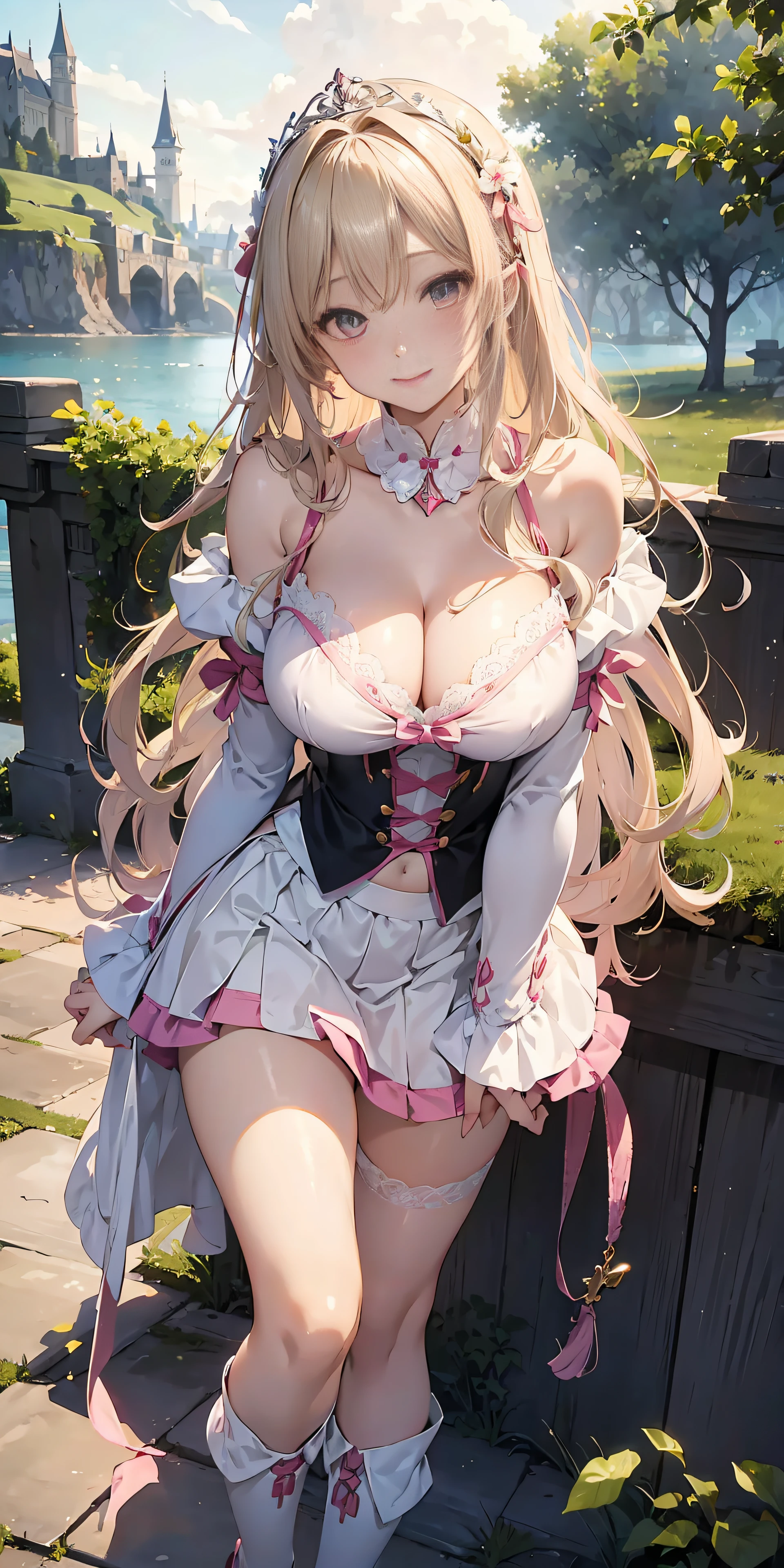 Adult Woman, Long dark blonde wavy hair、white and pink off shoulder knit, Puffy nipple、(Long flared skirt),、beautiful tiara、耳Nipple Ring、Medium milk, cute smile face、(Pose to lean forward and emphasize the chest)、(turned around)、sexy hips、Black High Heels、a castle yard、sexy pose、(((The skirt is rolled up by the wind)))、Sexy lace panties