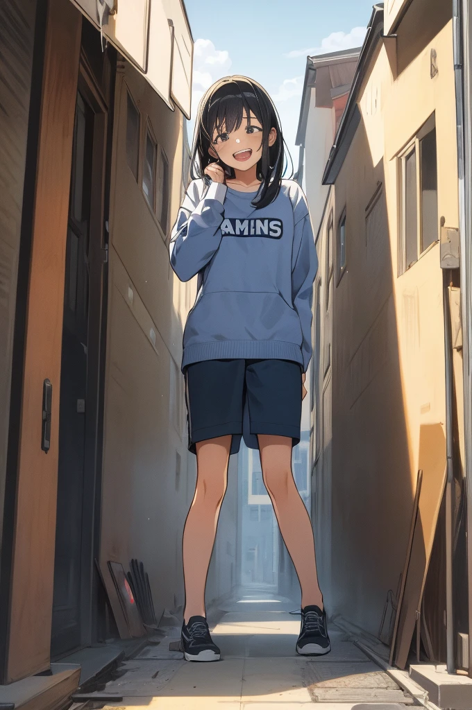 (masterpiece:0.0), (best quality, Ultra Detailed:1.3), sharp focus, (Depth-of-field:1.0), (super fine-illustration:1.0), full color, (natural lighting, natural shading:1.0), (Blue sky, white clouds:1.0), (full_body shot:1.2), BREAK,
(1girl, solo), maiden , taller than a building, Cute face, kawaii, Shiny hair, shiny skin, exposed skin, Sparkling eyes, casual clothes,
(Crouch:0.0), (loud laughter:1.3), skyscraper, narrow alley, city, (destruction:1.0), people, car,
Giantess, gts, (Rampage:0.0),