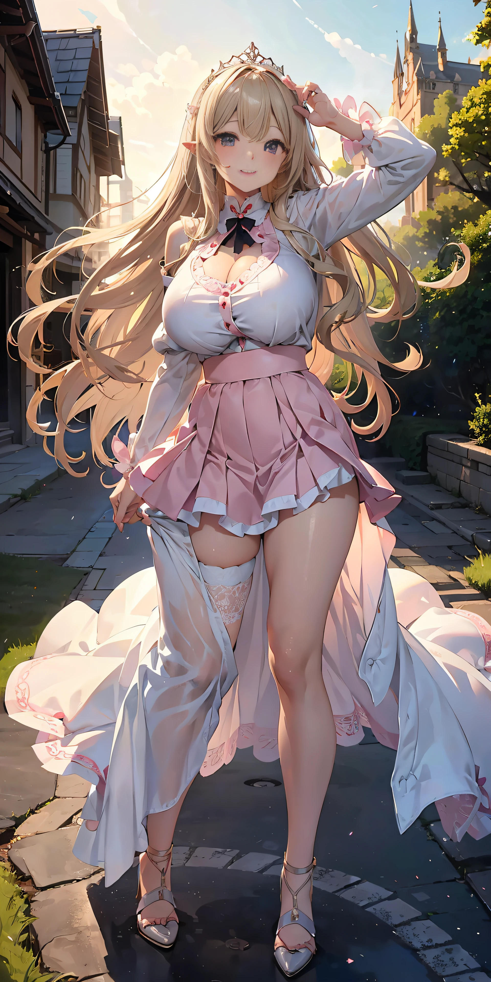 Adult Woman, Long dark blonde wavy hair、white and pink dress, Puffy nipple、(Long flared skirt),、beautiful tiara、耳Nipple Ring、Medium milk, cute smile face、(Pose to lean forward and emphasize the chest)、(turned around)、sexy hips、Black High Heels、a castle yard、sexy  pose、(((The skirt is rolled up by the wind)))、Sexy lace panties