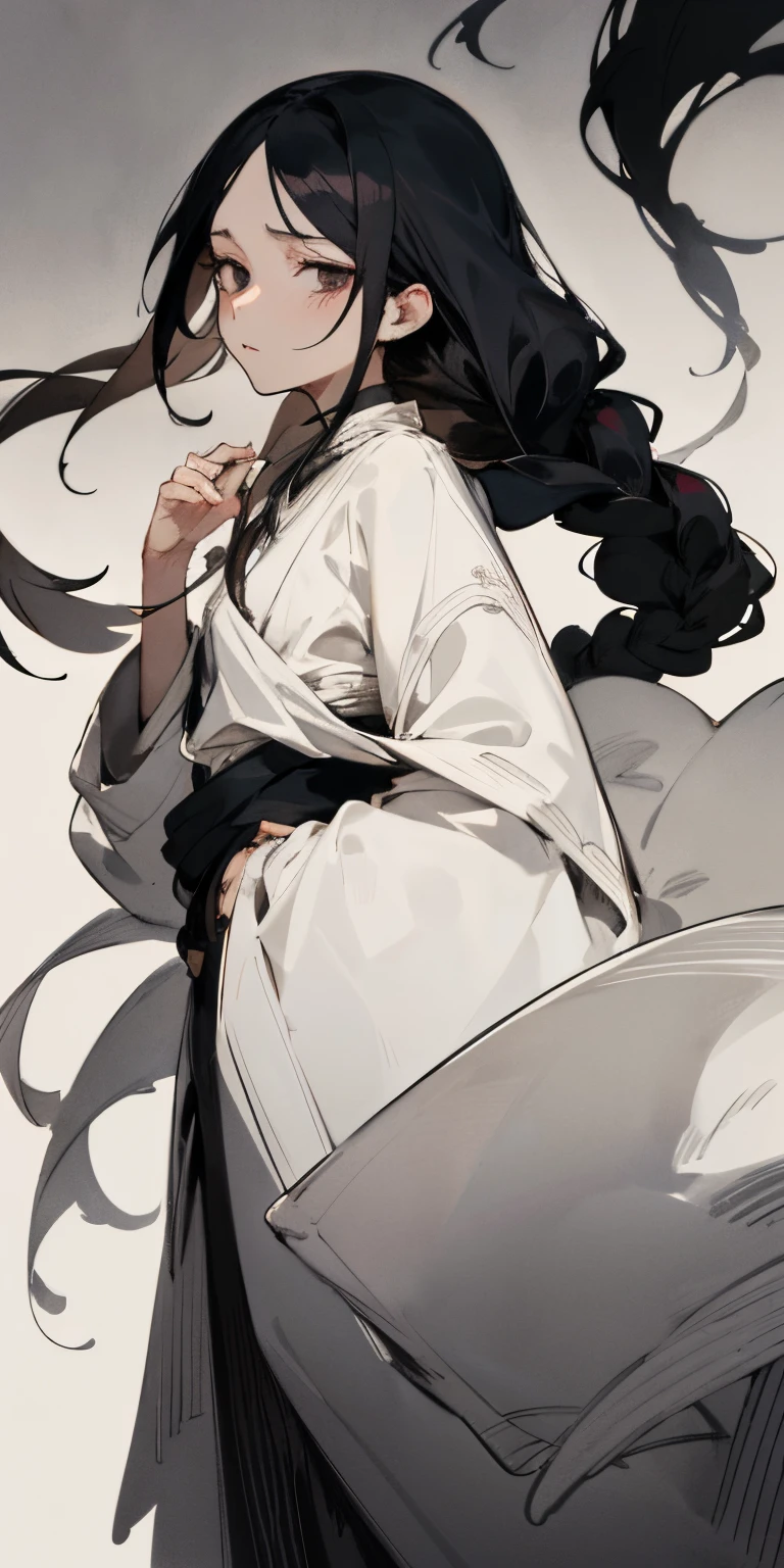 "Stunningly detailed anime sketch of a solo ((toned)) a beautiful woman with small height She has a soft and pleasant face that is accented by a pair of bright and warm black eyes. Her long black hair is tied up in a braid, and she is dressed in a wizard clothing that covers her entire body, except for her face and hands. she has delicate features and a small but thin frame. she is quite captivating and attractive"