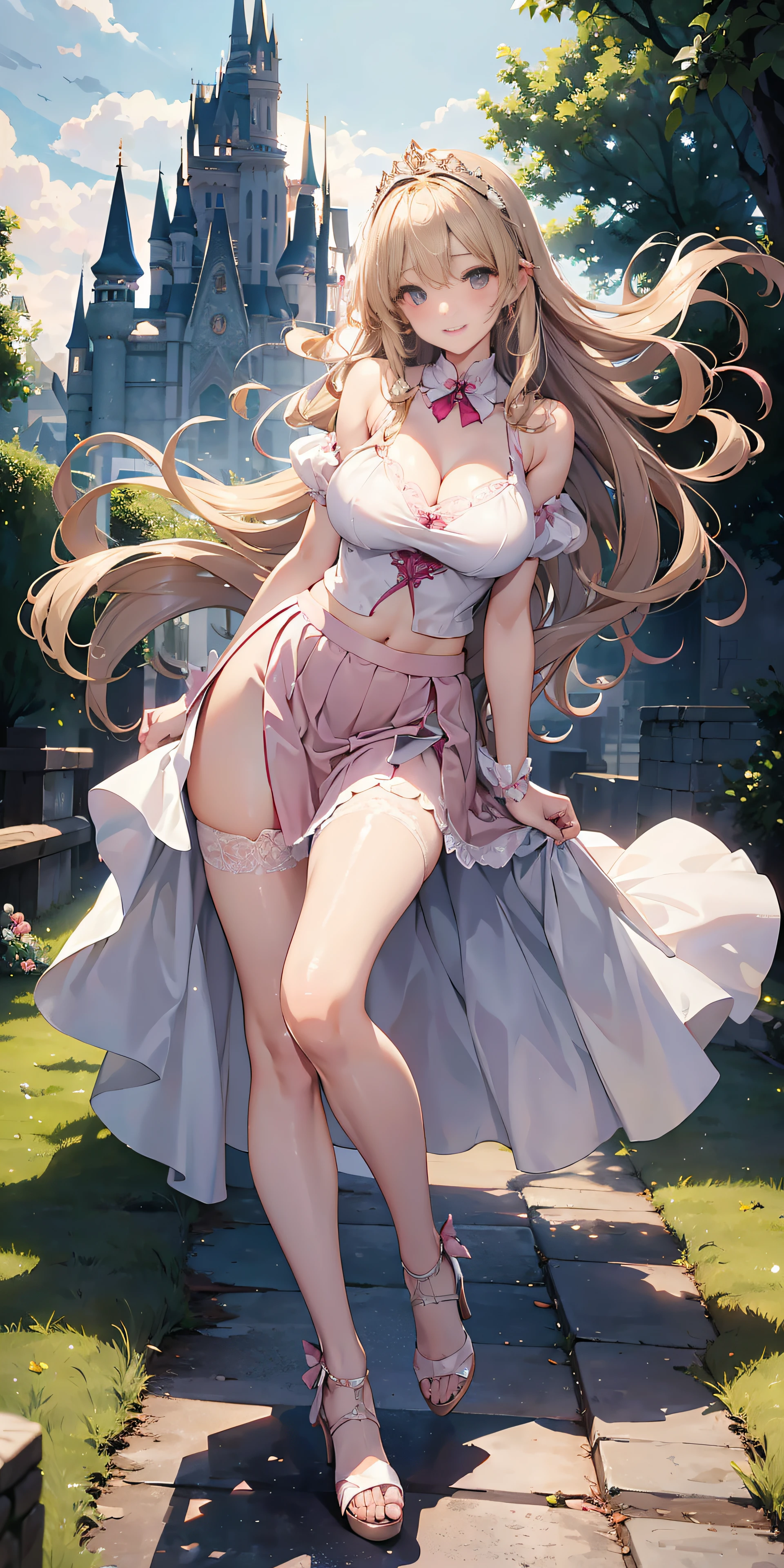 Adult Woman, Long dark blonde wavy hair、white and pink dress, Puffy nipple、(Long flared skirt),、beautiful tiara、耳Nipple Ring、Medium milk, cute smile face、(Pose to lean forward and emphasize the chest)、(turned around)、sexy hips、Black High Heels、a castle yard、sexy pose、(((The skirt is rolled up by the wind)))、Sexy lace panties