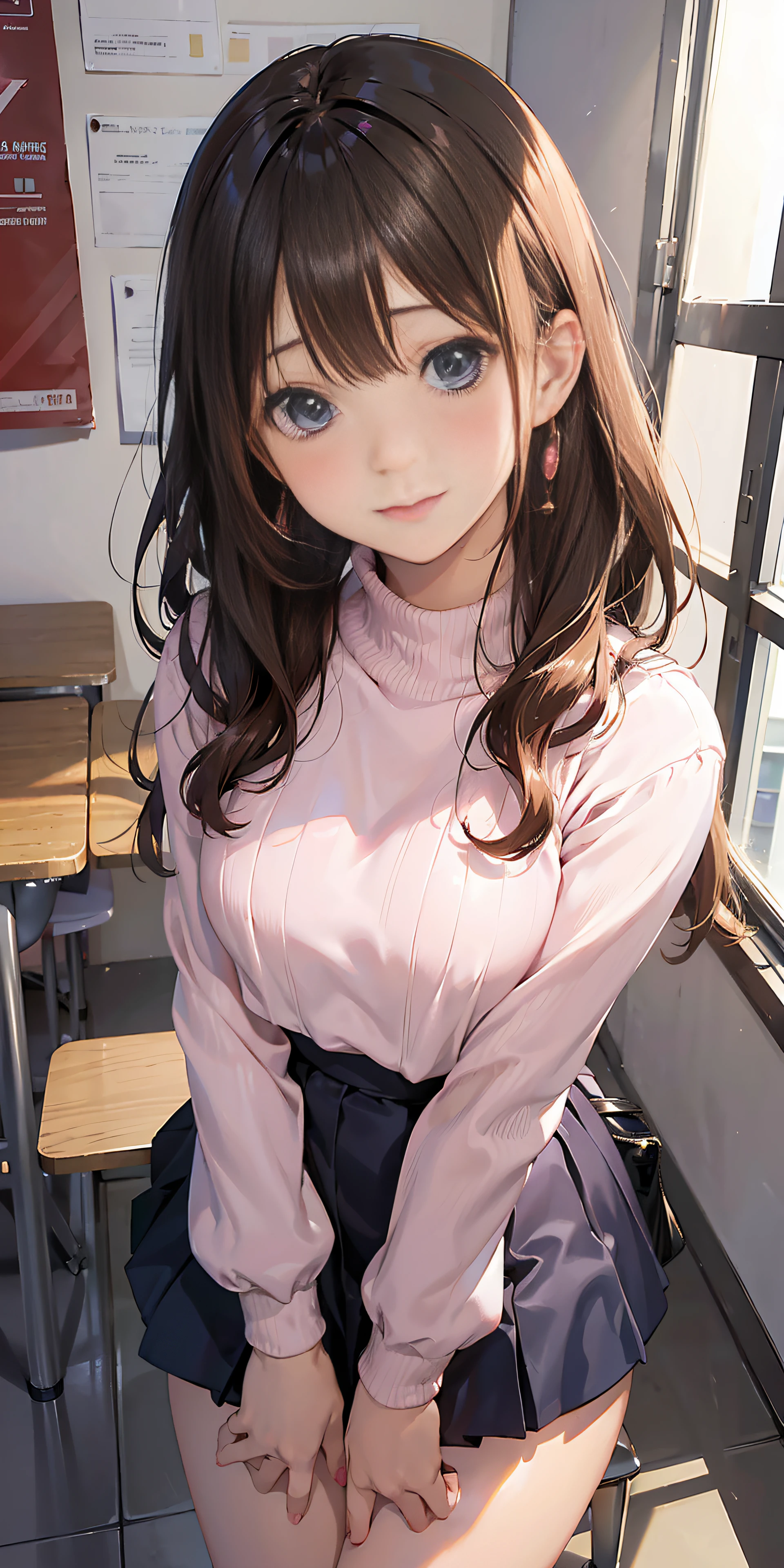 (masutepiece: 1.3), (max resolution: 1.2), (Ultra HDTV: 1.2), cinematric light, Ultra HDTV, (Detailed eyes and skin), (detailed facial features), nffsw, 8K resolution, Sharp Focus: 1.2, Perfect Style, Beautiful face, Perfect body, Dark-blue eyes, 1.2, Natural cheeks, Glossy skin, Fair skin: 1.2, shiny little necklace and earrings, (Glossy lips: 1.4), One-person viewpoint, (She is a very cute female teacher), ((Pink lace panties:1,5)), (Seductive smile: 1.2), ((a Innocent and cute girl:1.3)), (Long Wave Hair), (ligh brown hair:1.2), ((Very intimate relationships: 1.2)), medium large breasts, ((Looking at Viewer:1.2)), ((Bend your knees and open your legs wide:1.2)), low angle shot, turned around、look down from above、Puffy nipple、FULL BODYSHOT、jaket、Tight sweater with long sleeves、medium length flared skirt、Embarrassed look、Kamimei、high-heels、school classrooms