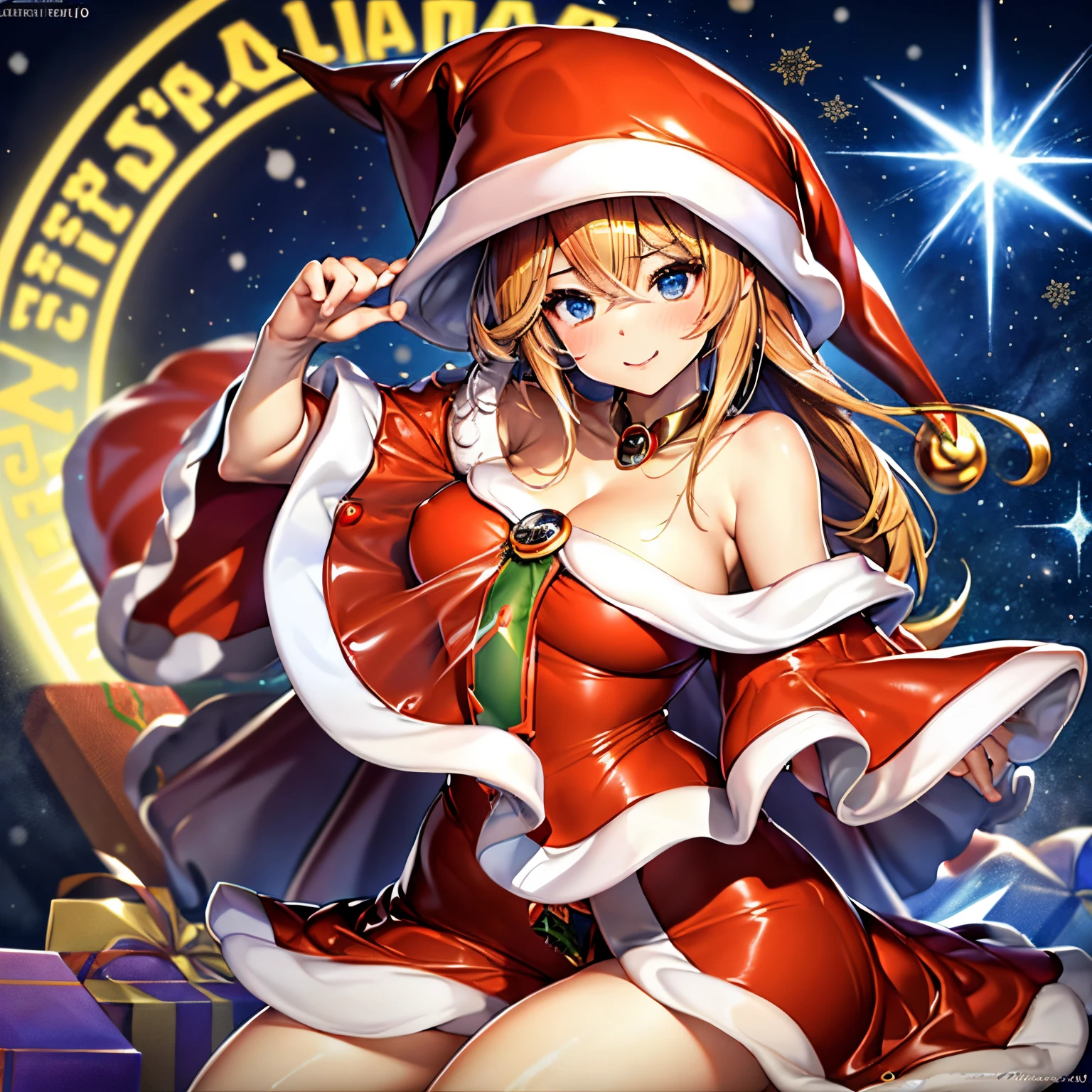 Anime girl with big boos and big breasts wearing Santa hat, oppai, Lori, biomechanical oppai, small curvy loli, Ecchi, v from devil may cry as an elf, In pixiv, Black Magician Girl, white asuka suit under clothes!, zerochan art, pixiv swimwear、very long blonde girl、blue eyes girl、Solo、rating:safe、White bikini swimsuit、Colossal tits、Girls with very large breasts、Navel、Thigh_the gap、day、Jewelry、up looking_で_viewer、star material、cleavage、Girl with half a hair、cowboys_shot、Water、tree、shiny、shiny_skin、top on pixiv、Teary-eyed、😭、Looks chagrined