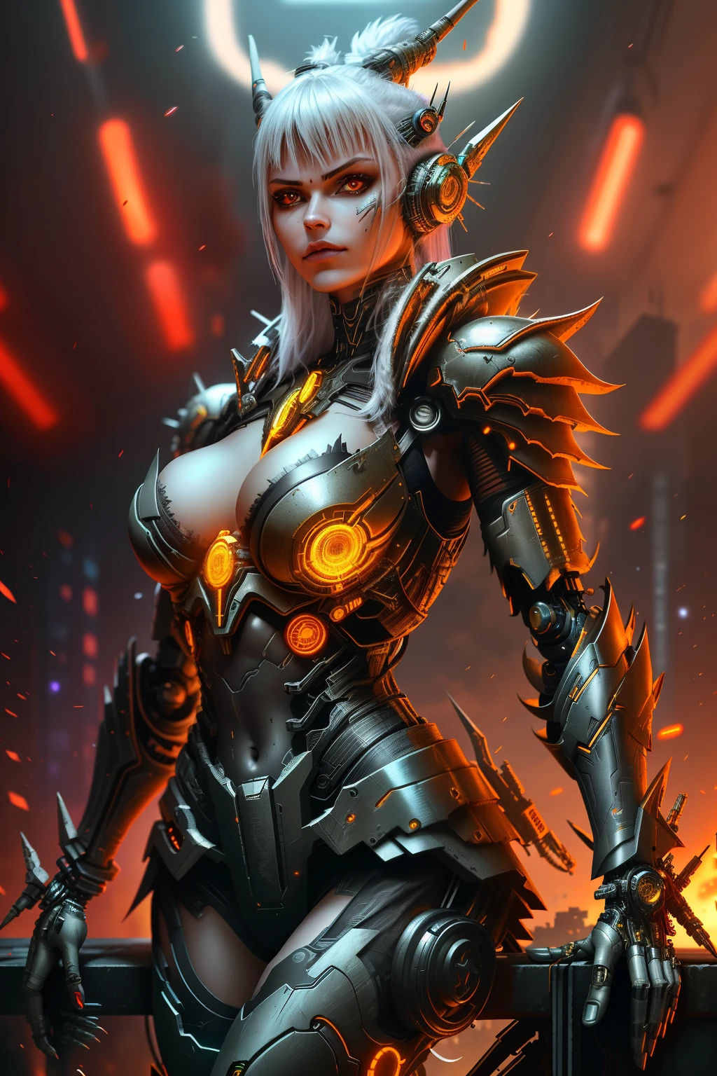 [sh4g0d:1], a beautiful cyborg warrior girl cyberpunk sensual vampiric beautiful body beautiful face in big breasts bionic legs bionic arms armor in an intricate futuristic cyberpunk city ultra detailed 8k extremely realistic[cabelo fluorescente:1]