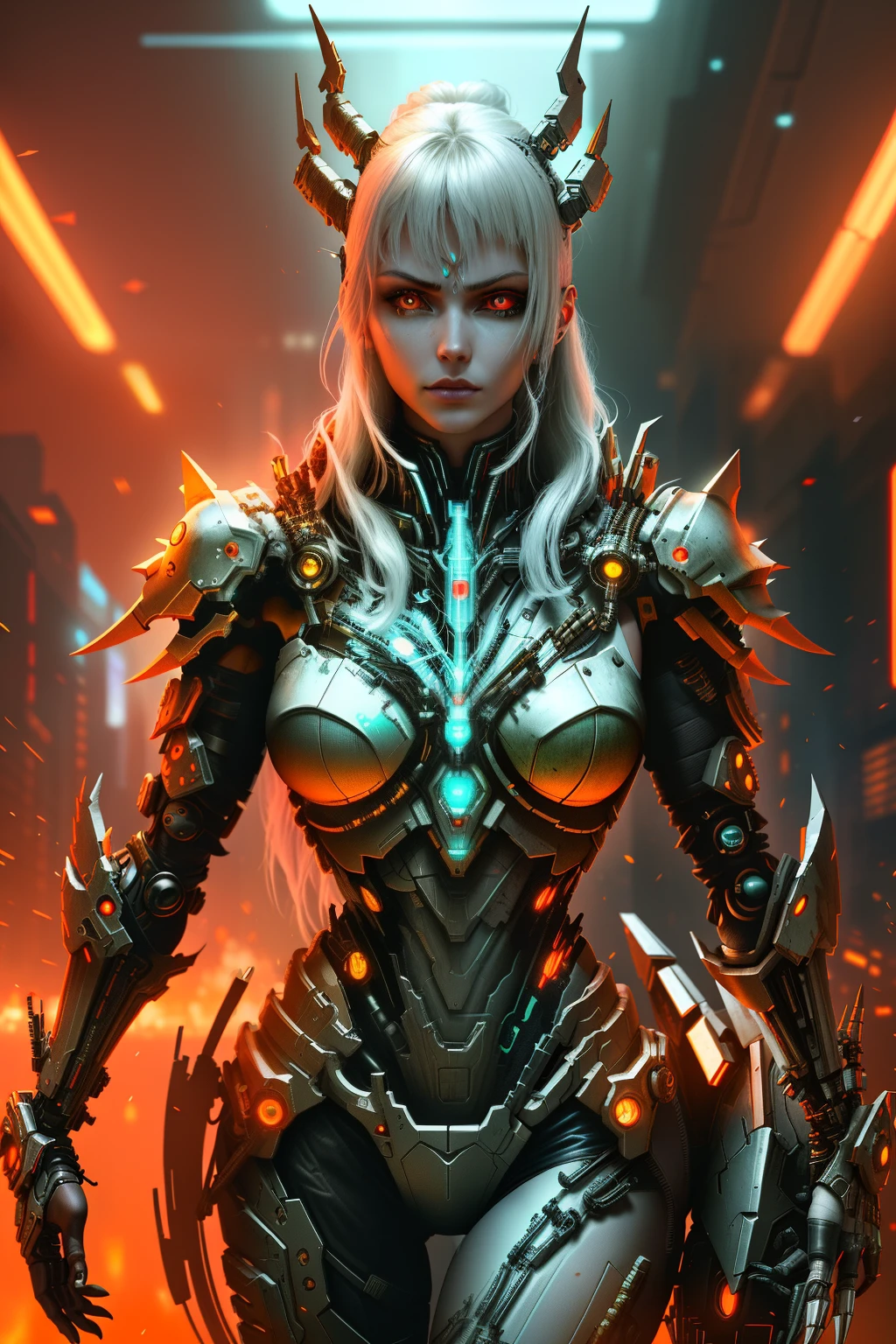[SH4G0D:1], a beautiful cyborg warrior girl cyberpunk sensual vampiric beautiful body beautiful face in big breasts bionic legs bionic arms armor in an intricate futuristic cyberpunk city ultra detailed 8k extremely realistic[cabelo fluorescente:1]