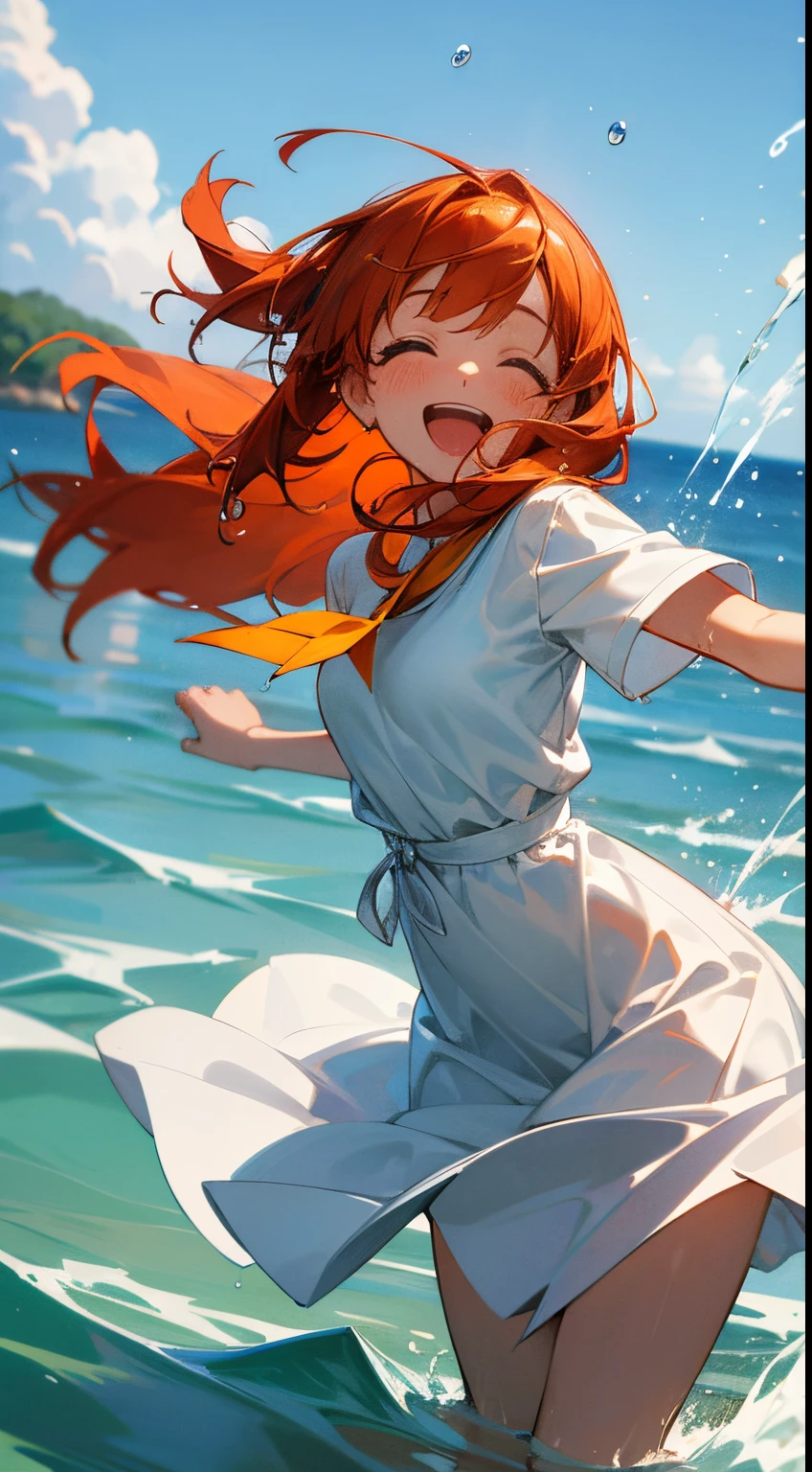 (masterpiece), (overwhelming joy), cute girl playing in the water, cute face, happy, beautiful smile, huge laugh, a happy image,happyness, cute, perfect anatomy, 1girl, in the beach, splashes, hair in the wind, white dress, short sleeves, perfect face, grouges sky, summer, energetic,dynamic angle, orange hair, (water drops), wet, cinematic, relaxed atmosphere, heart warming
