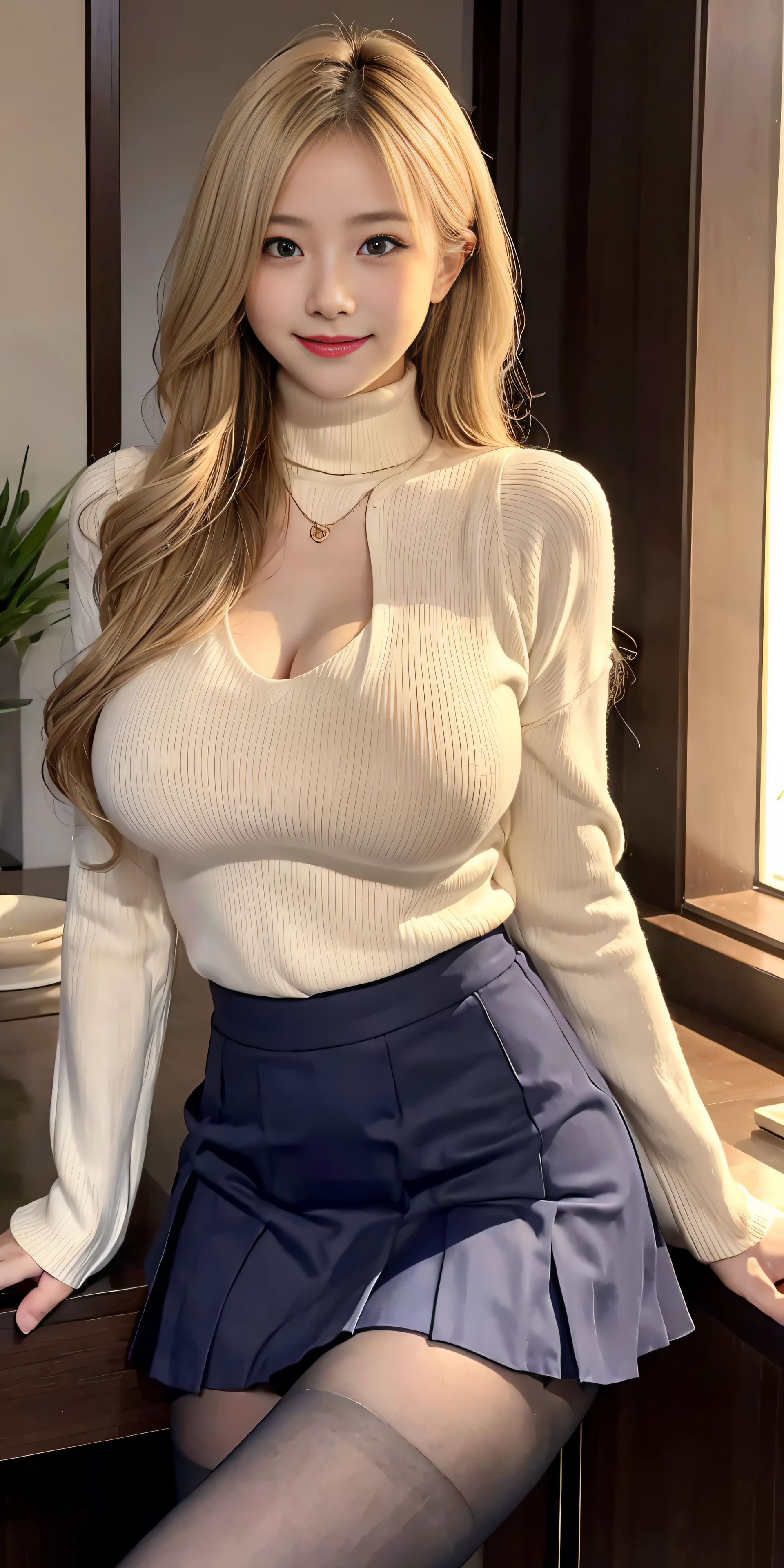 Adult Woman, Long dark blonde wavy hair、Beige turtleneck sweater, Puffy nipple、long pleated skirt of dark blue color,Medium milk, cute smile face、(Pose to lean forward and emphasize the chest)、(turned around)、、Beautiful necklace、sexy hips、Black High Heels、、sexy pose、Sexy lace panties、Visible shot of the whole body、Random cityscape