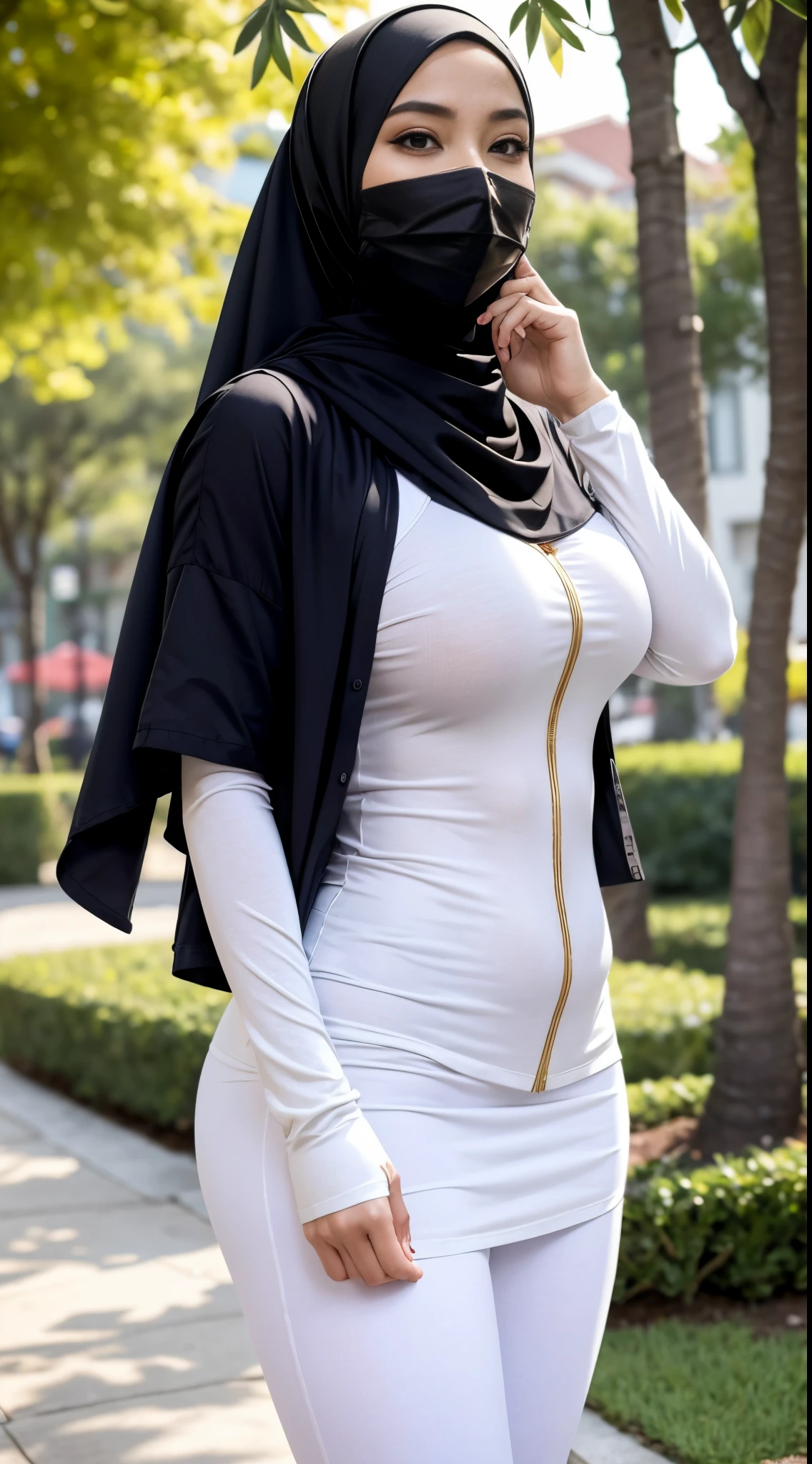 RAW, Best quality, high resolution, masterpiece: 1.3), beautiful Malay woman in hijab (iu:0.8)1beautiful Malay womanRAW, Best quality, high resolution, masterpiece: 1.3), beautiful Malay woman in hijab (iu:0.8),1beautiful Malay woman,wearing a white shirt, wearing Long cardigan with front closed,black leggings,Tight pants,big breasts, morning walk, City park, Good lighting, Bright colors, Clean lines