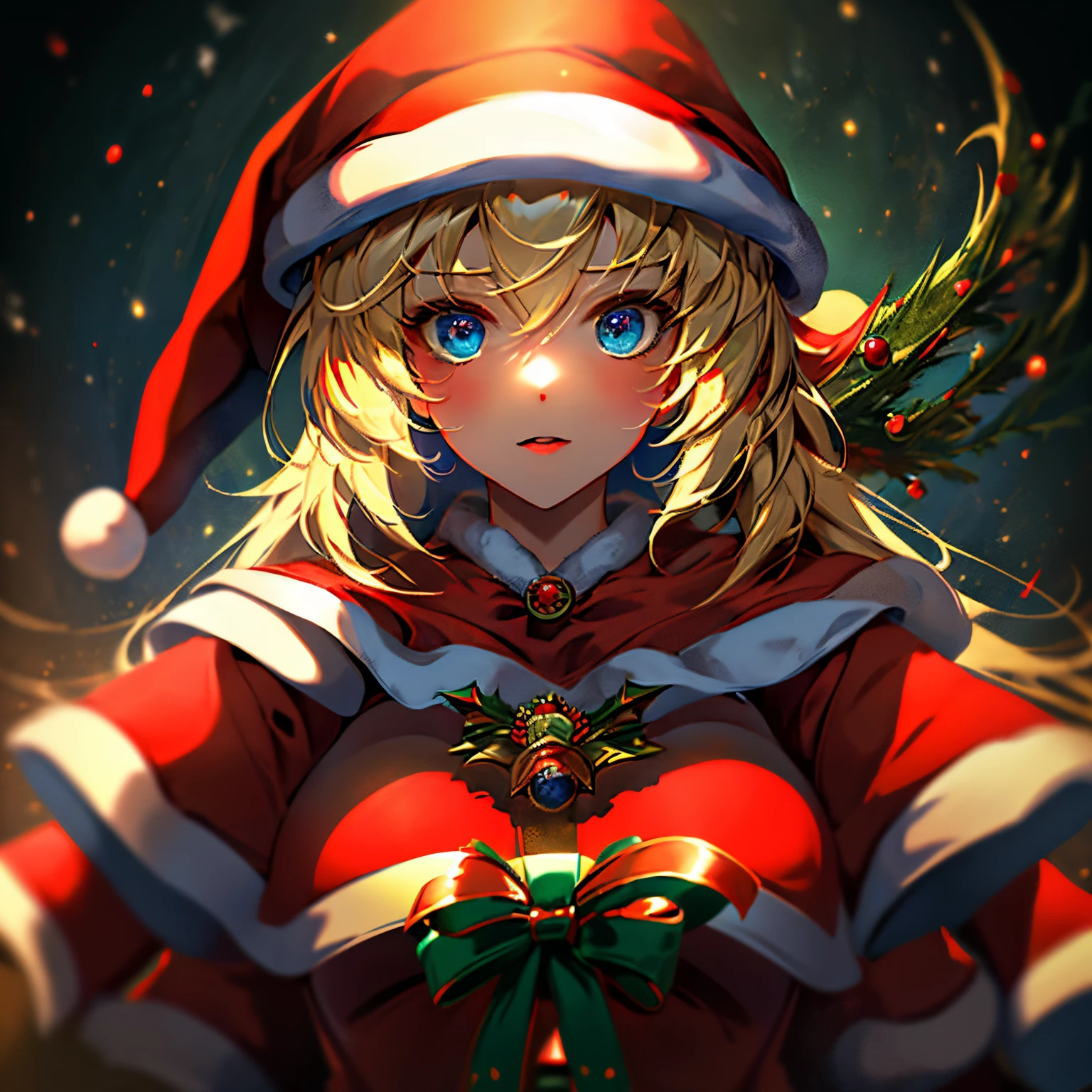 mejor calidad，tmasterpiece，ultimate resolution，Suave，extremadamente colorido，De color，dark magician gils，(Dressed in the Santa Claus suit:1.4)，Medias de tirantes negras，Starrysky Android!,More detailed 8K.motor irreal:1.4,UHD,La mejor calidad:1.4, fotorrealista:1.4, textura de la piel:1.4, obra maestra:1.8,obra-prima, mejor calidad,objeto Objeto], (detailed face features:1.3),(cabello rubio largo:1.4),（Beautiful and detailed eye description）,(manos:1.4), ojos azules. Labios rojos. Cabello rubio. Fondo de nieves. Pose sejustiva y sensual. Toma cuerpo completo. Fondo de Navidad