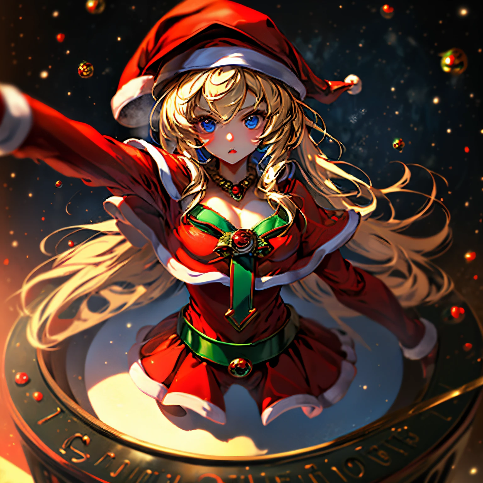mejor calidad，tmasterpiece，ultimate resolution，Suave，extremadamente colorido，De color，dark magician gils，(Dressed in the Santa Claus suit:1.4)，Medias de tirantes negras，Starrysky Android!,More detailed 8K.motor irreal:1.4,UHD,La mejor calidad:1.4, fotorrealista:1.4, textura de la piel:1.4, obra maestra:1.8,obra-prima, mejor calidad,objeto Objeto], (detailed face features:1.3),(cabello rubio largo:1.4),（Beautiful and detailed eye description）,(manos:1.4), ojos azules. Labios rojos. Cabello rubio. Fondo de nieves. Pose sejustiva y sensual. Toma cuerpo completo. Fondo de Navidad